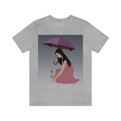 Woman with Umbrella Cartoon Art Walking in the Rain Graphic Unisex Jersey Short Sleeve T-Shirt Ichaku [Perfect Gifts Selection]