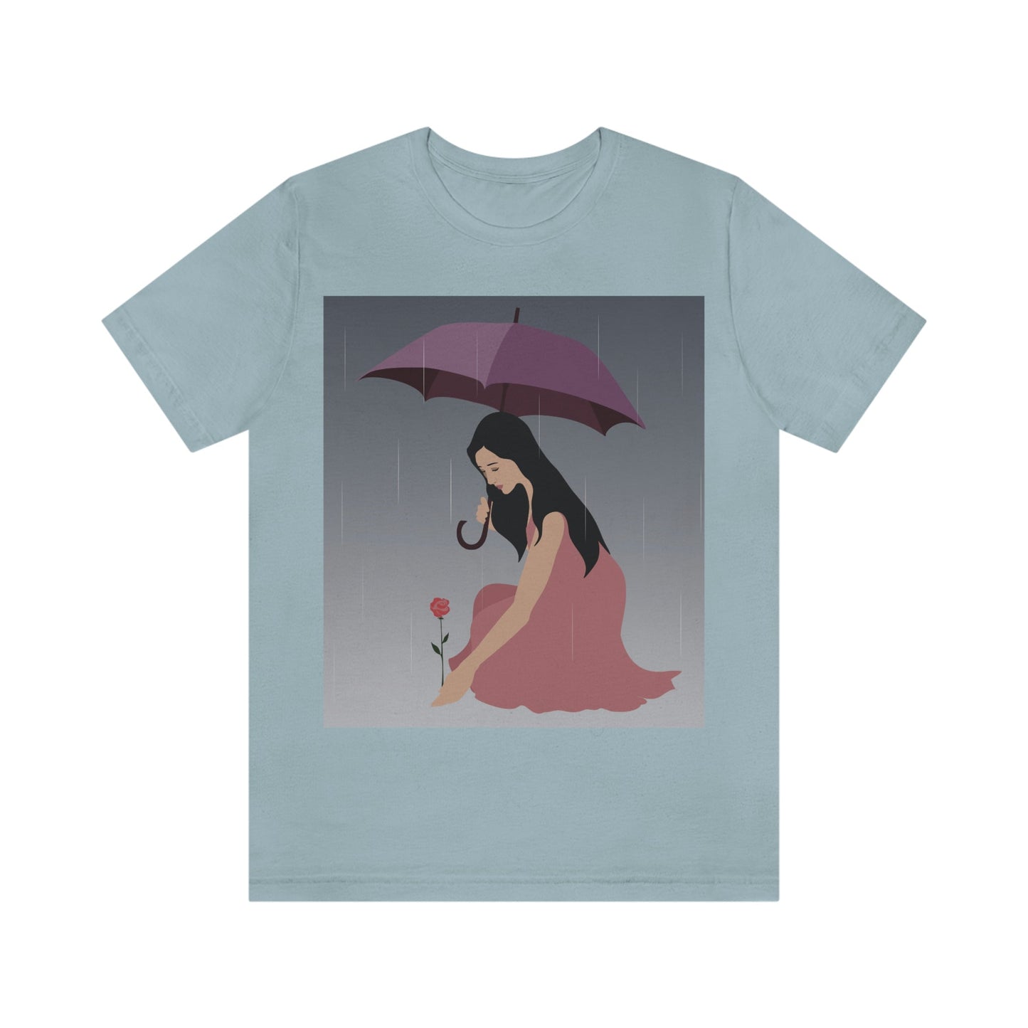 Woman with Umbrella Cartoon Art Walking in the Rain Graphic Unisex Jersey Short Sleeve T-Shirt Ichaku [Perfect Gifts Selection]