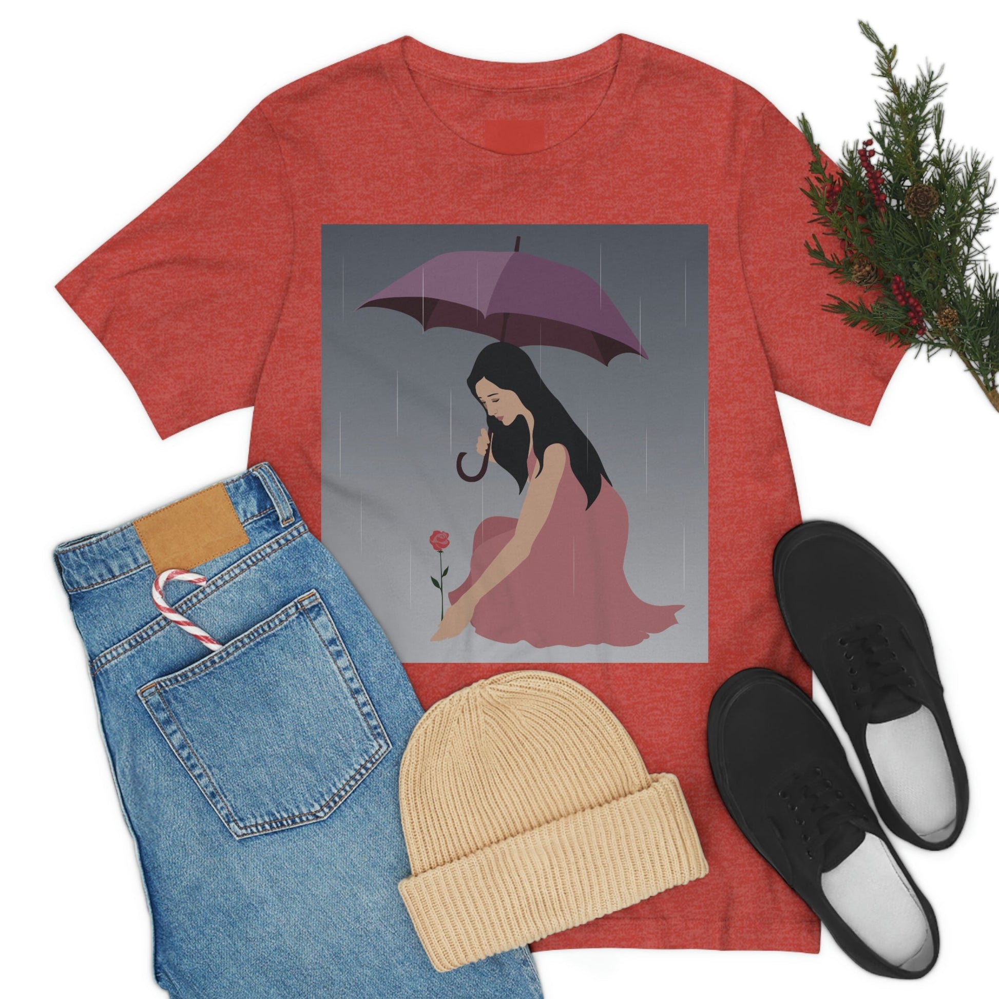 Woman with Umbrella Cartoon Art Walking in the Rain Graphic Unisex Jersey Short Sleeve T-Shirt Ichaku [Perfect Gifts Selection]