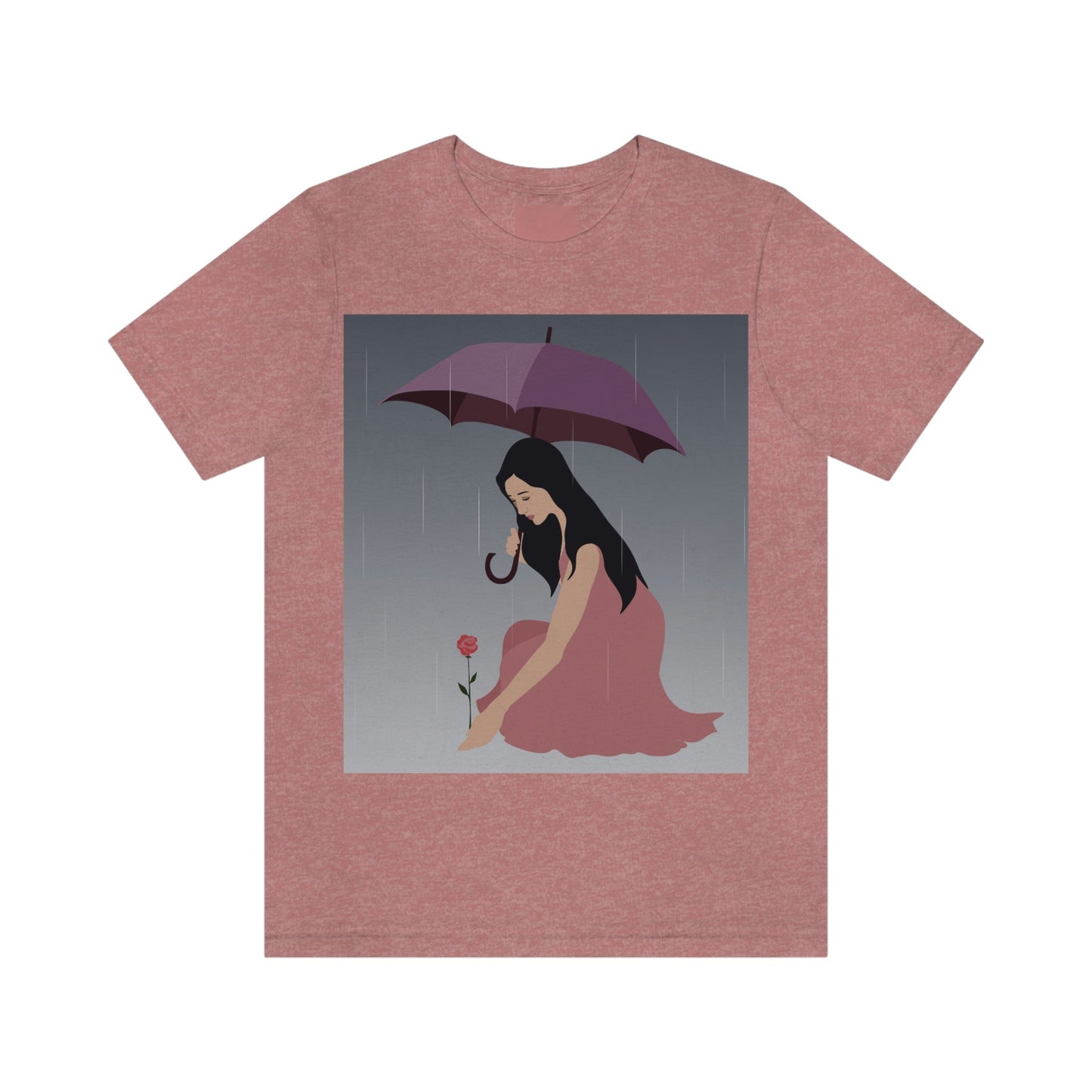 Woman with Umbrella Cartoon Art Walking in the Rain Graphic Unisex Jersey Short Sleeve T-Shirt Ichaku [Perfect Gifts Selection]