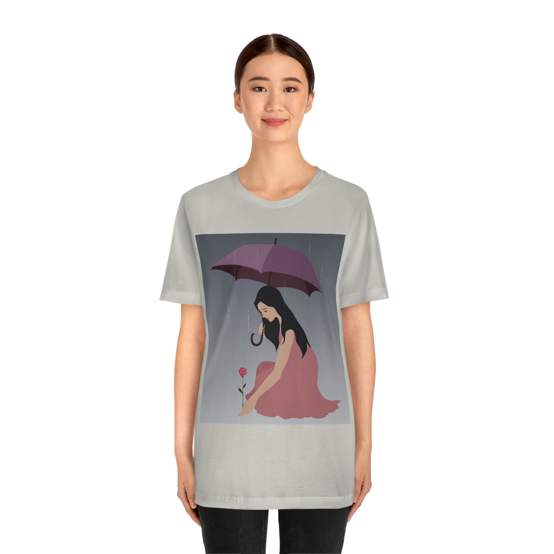 Woman with Umbrella Cartoon Art Walking in the Rain Graphic Unisex Jersey Short Sleeve T-Shirt Ichaku [Perfect Gifts Selection]