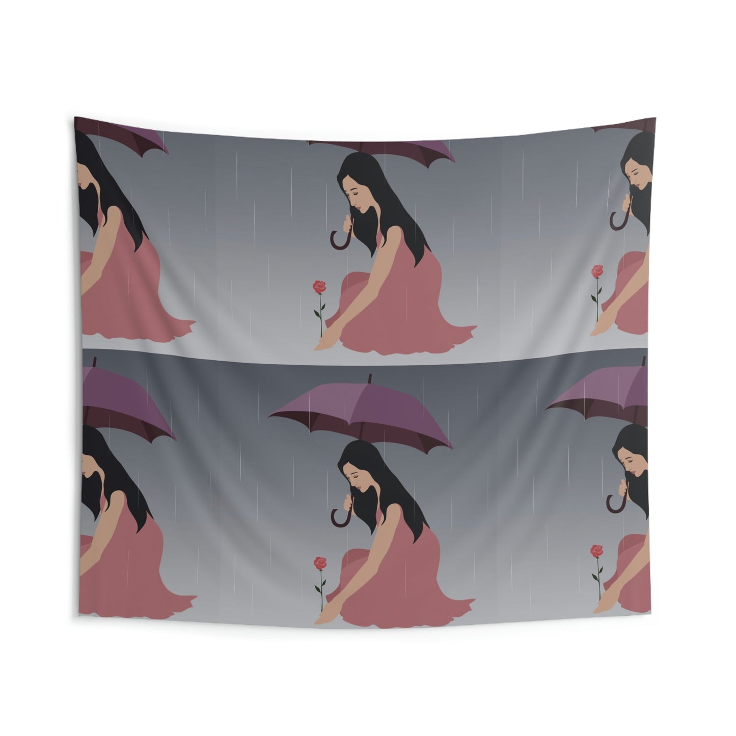 Woman with Umbrella Cartoon Art Walking in the Rain Indoor Wall Tapestries Ichaku [Perfect Gifts Selection]