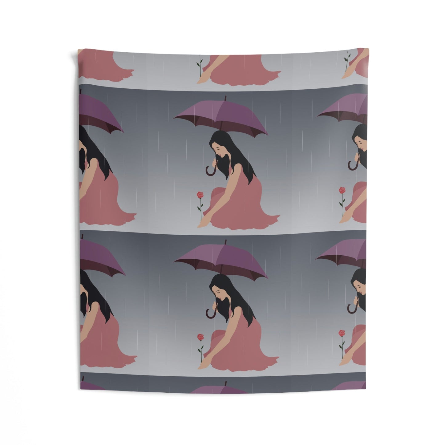 Woman with Umbrella Cartoon Art Walking in the Rain Indoor Wall Tapestries Ichaku [Perfect Gifts Selection]