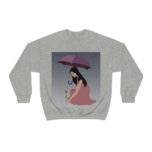 Woman with Umbrella Cartoon Art Walking in the Rain Unisex Heavy Blend™ Crewneck Sweatshirt Ichaku [Perfect Gifts Selection]