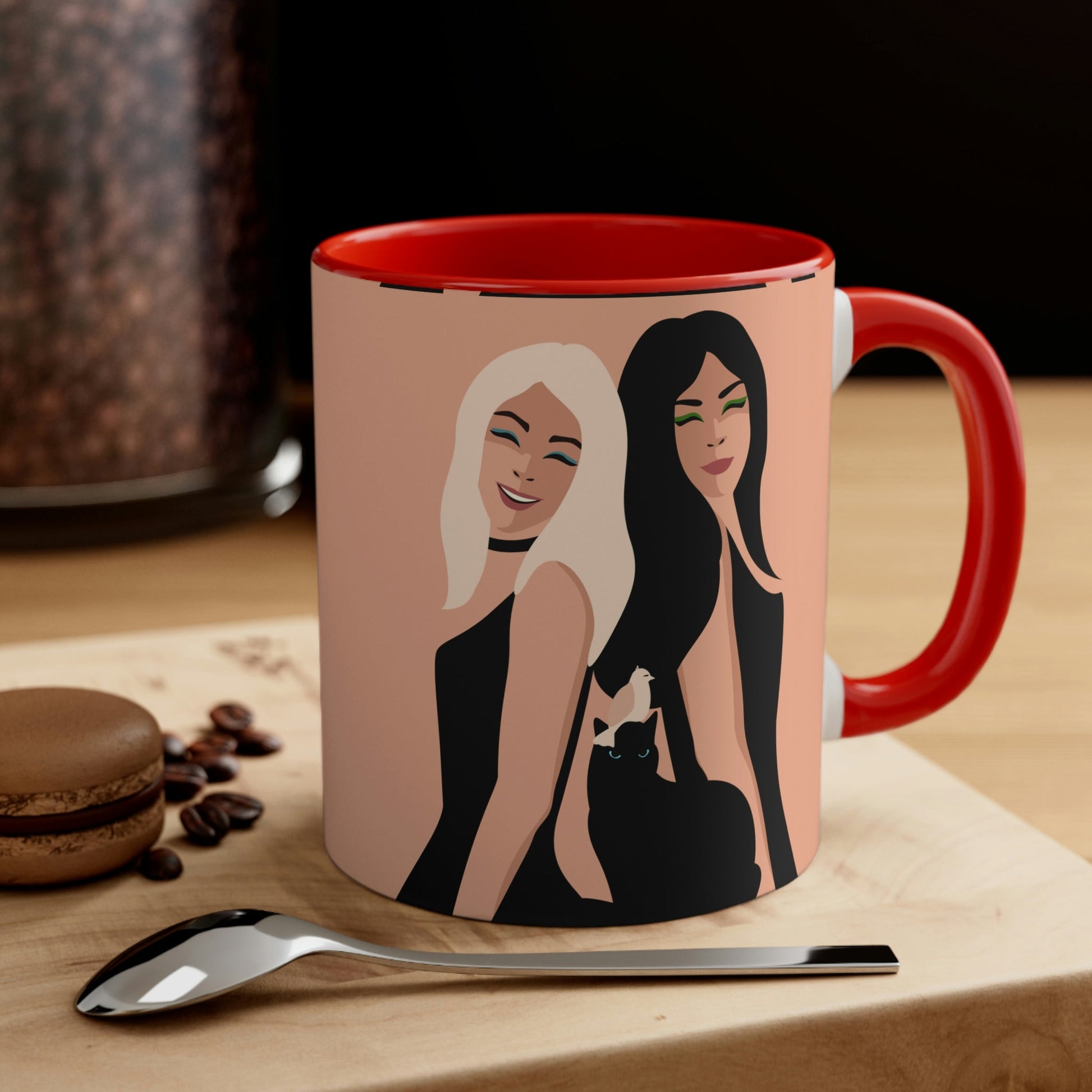 Women With Black Cat and Bird Accent Coffee Mug 11oz Ichaku [Perfect Gifts Selection]