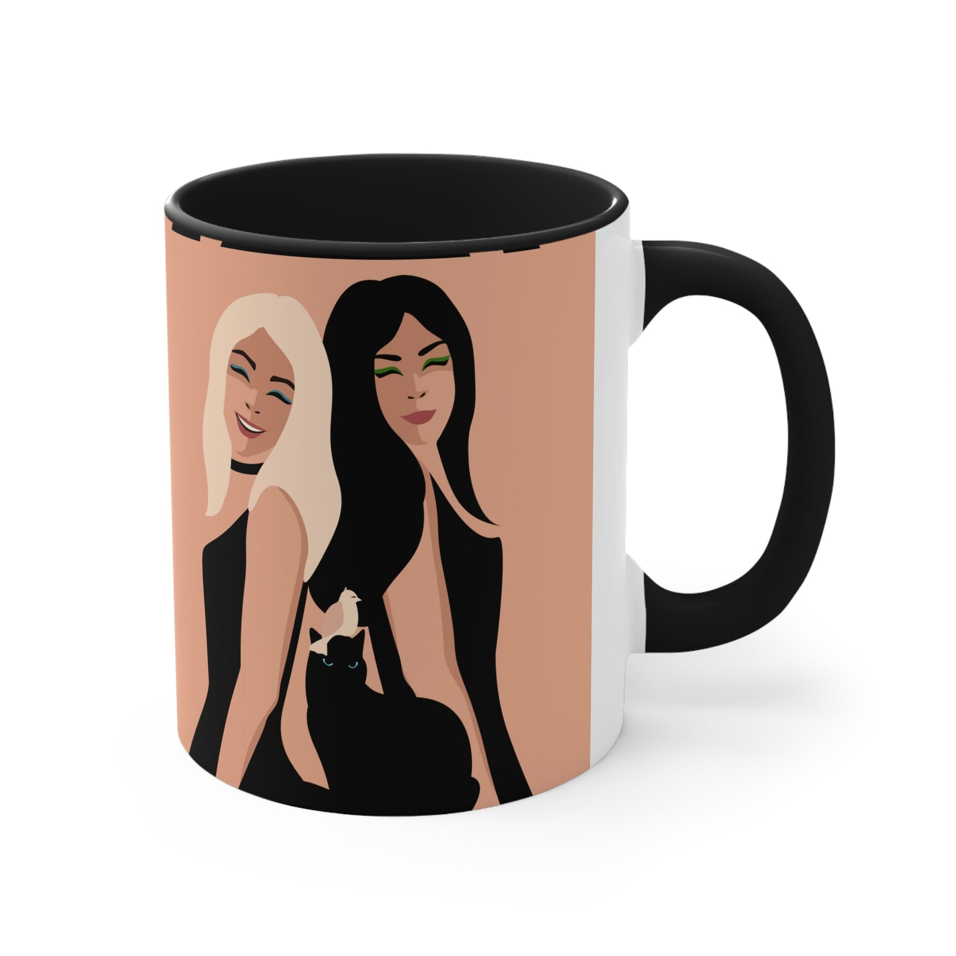 Women With Black Cat and Bird Accent Coffee Mug 11oz Ichaku [Perfect Gifts Selection]