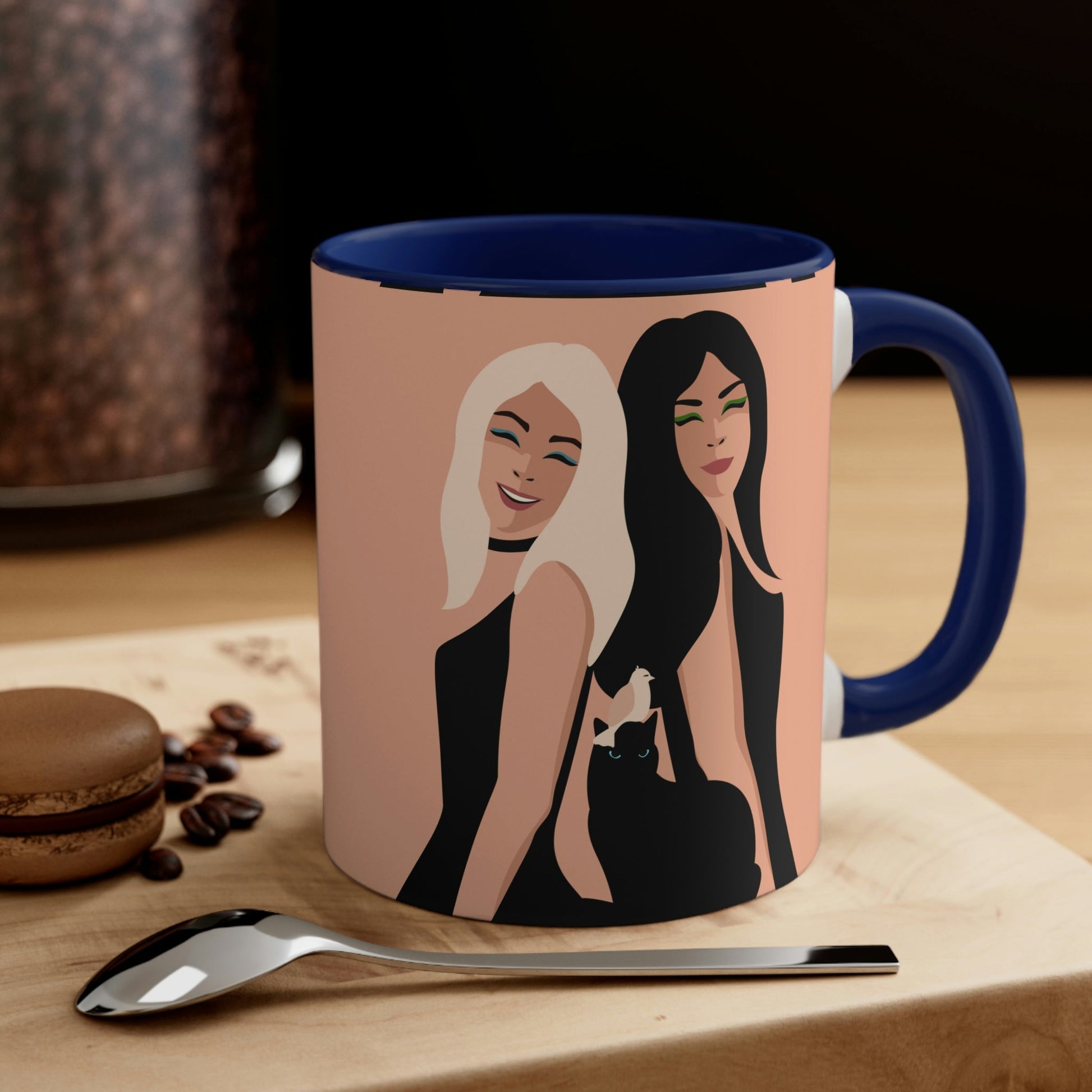 Women With Black Cat and Bird Accent Coffee Mug 11oz Ichaku [Perfect Gifts Selection]