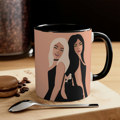 Women With Black Cat and Bird Accent Coffee Mug 11oz Ichaku [Perfect Gifts Selection]