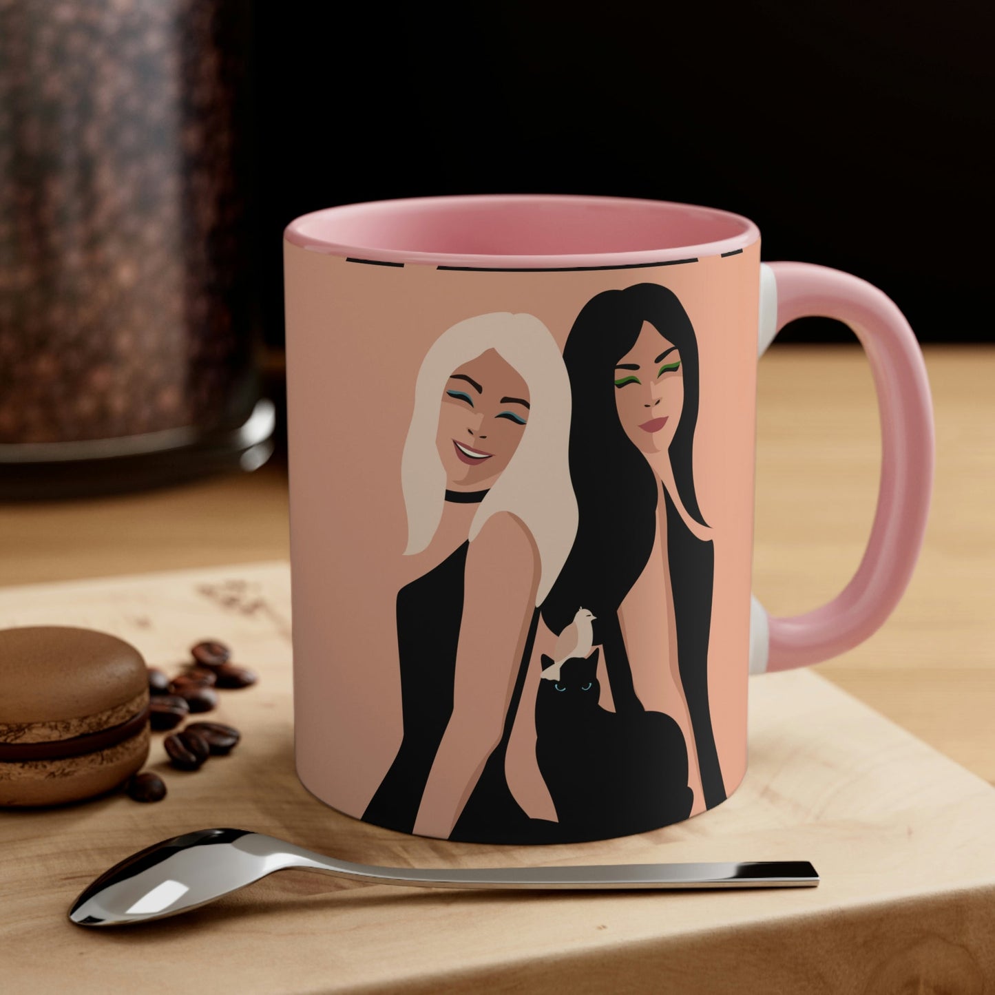 Women With Black Cat and Bird Accent Coffee Mug 11oz Ichaku [Perfect Gifts Selection]