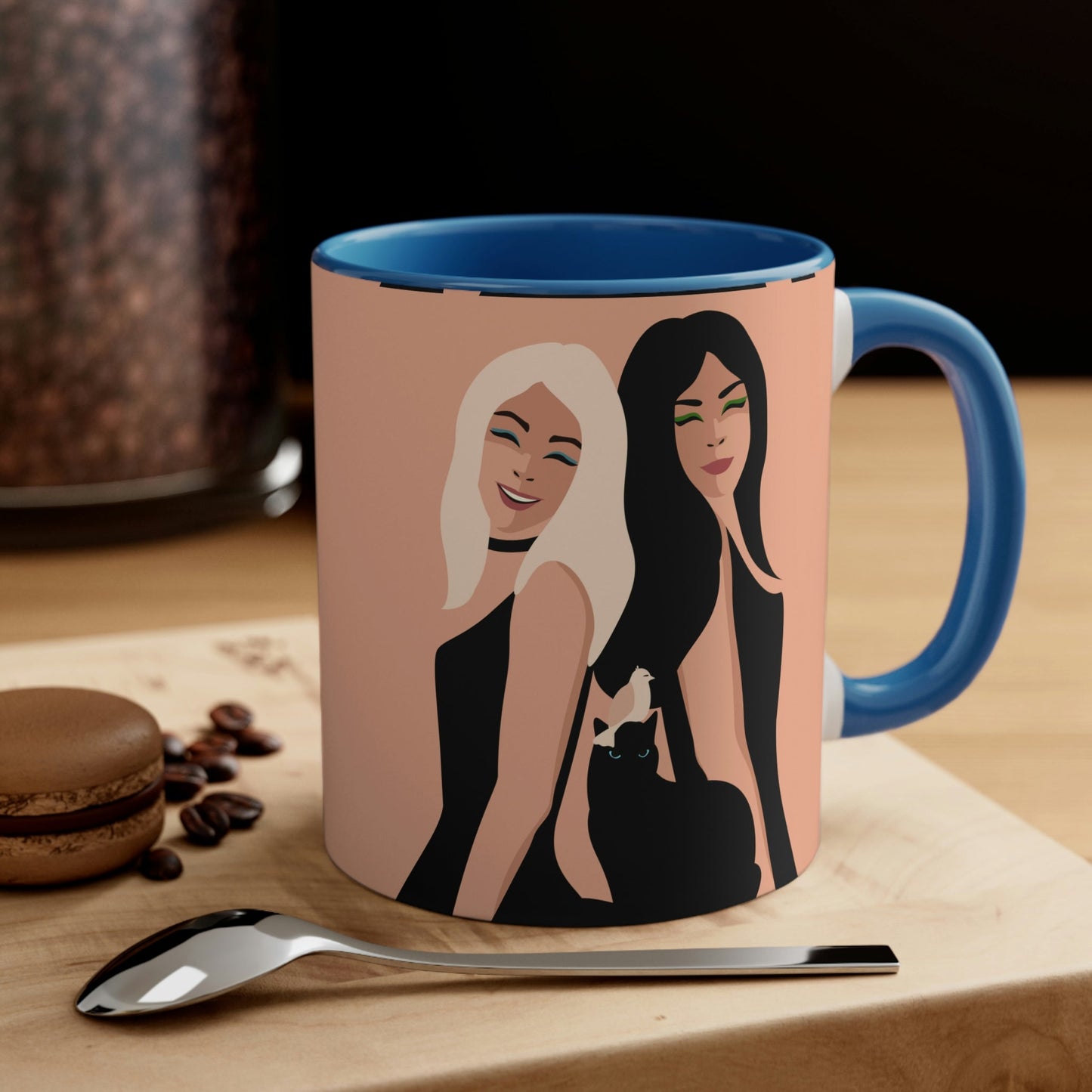 Women With Black Cat and Bird Accent Coffee Mug 11oz Ichaku [Perfect Gifts Selection]