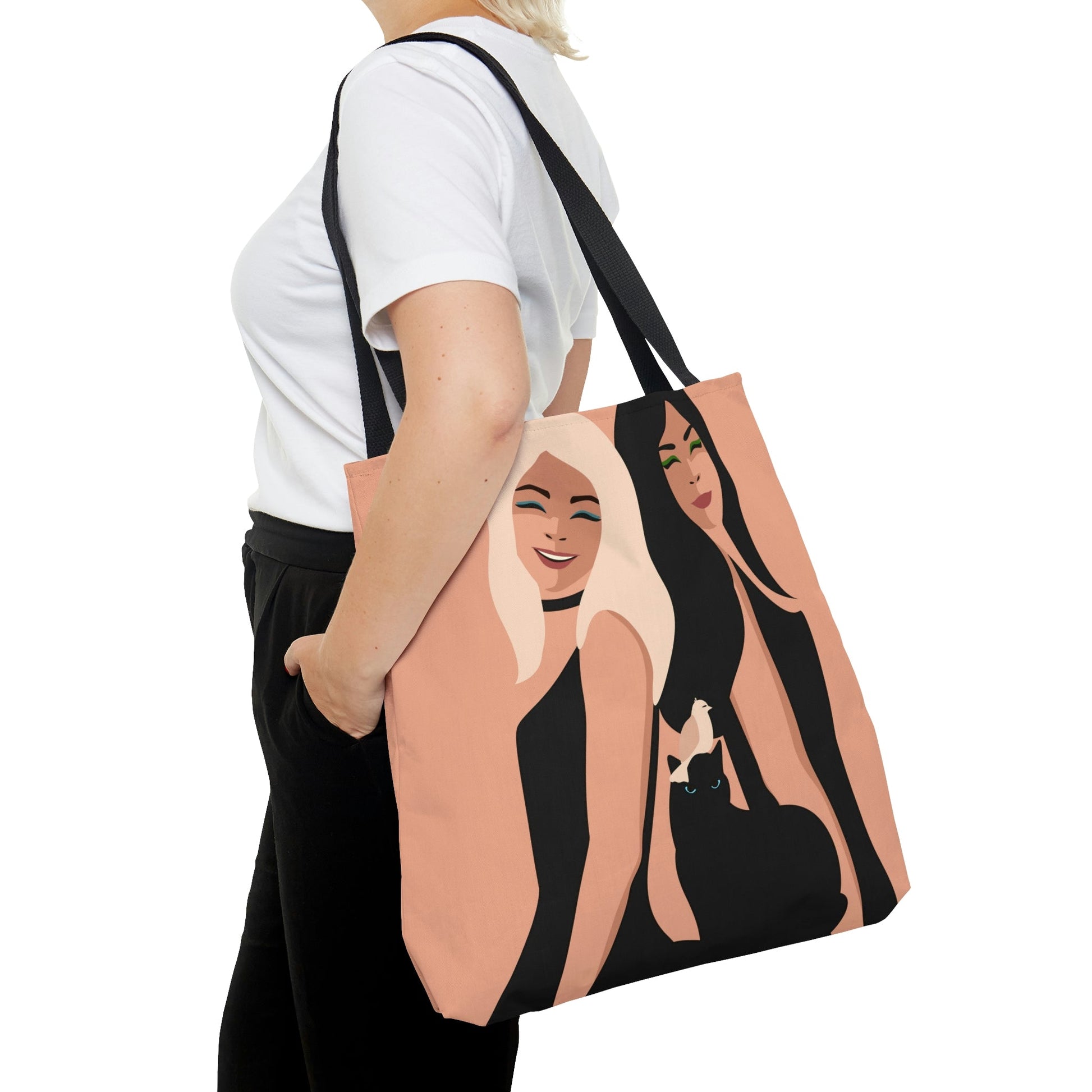 Women With Black Cat and Bird Art AOP Tote Bag Ichaku [Perfect Gifts Selection]