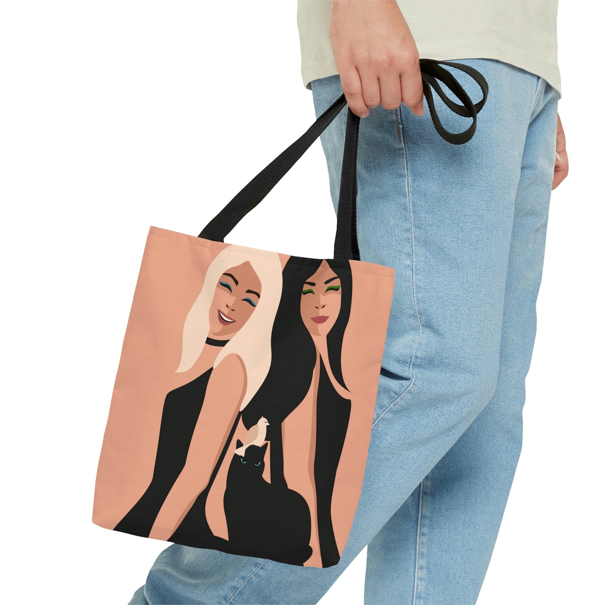 Women With Black Cat and Bird Art AOP Tote Bag Ichaku [Perfect Gifts Selection]