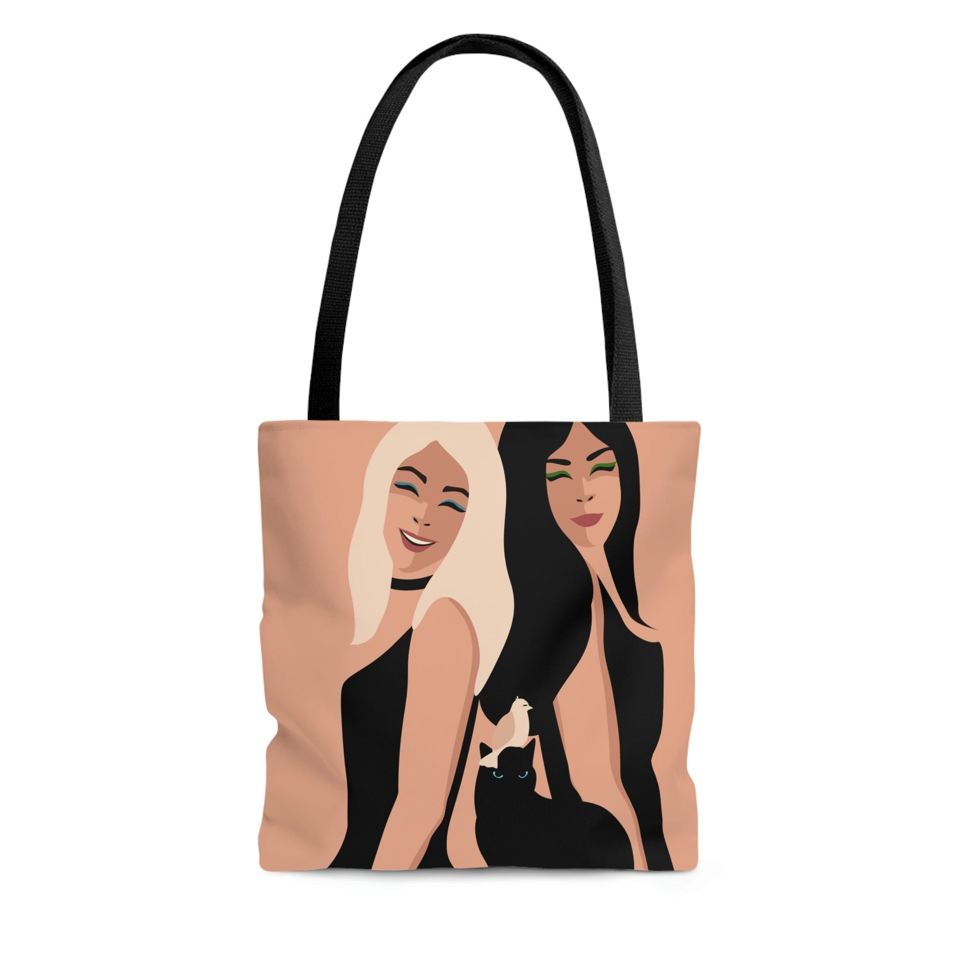 Women With Black Cat and Bird Art AOP Tote Bag Ichaku [Perfect Gifts Selection]