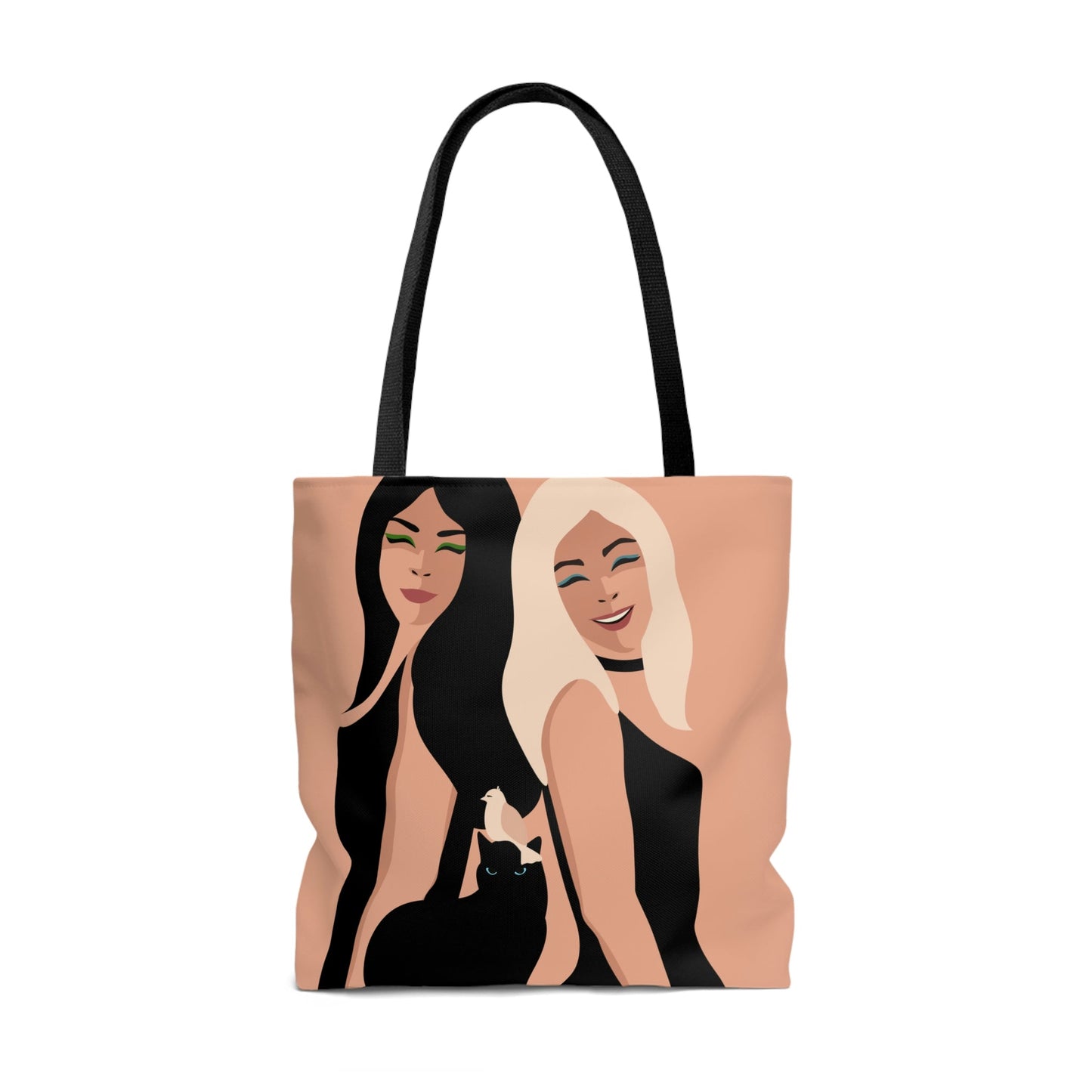 Women With Black Cat and Bird Art AOP Tote Bag Ichaku [Perfect Gifts Selection]