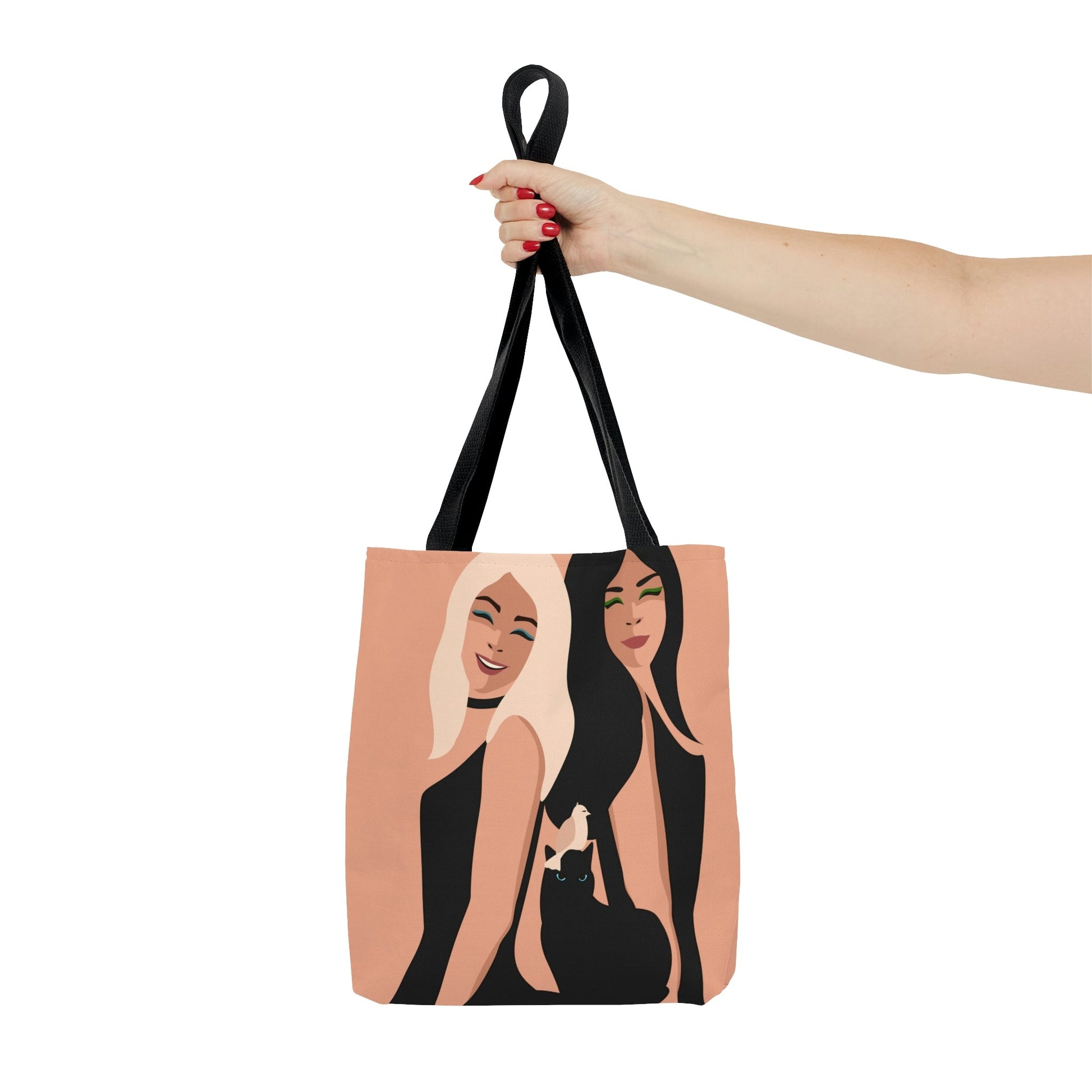 Women With Black Cat and Bird Art AOP Tote Bag Ichaku [Perfect Gifts Selection]