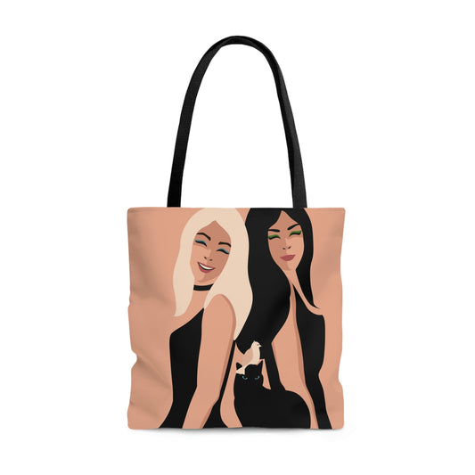 Women With Black Cat and Bird Art AOP Tote Bag Ichaku [Perfect Gifts Selection]