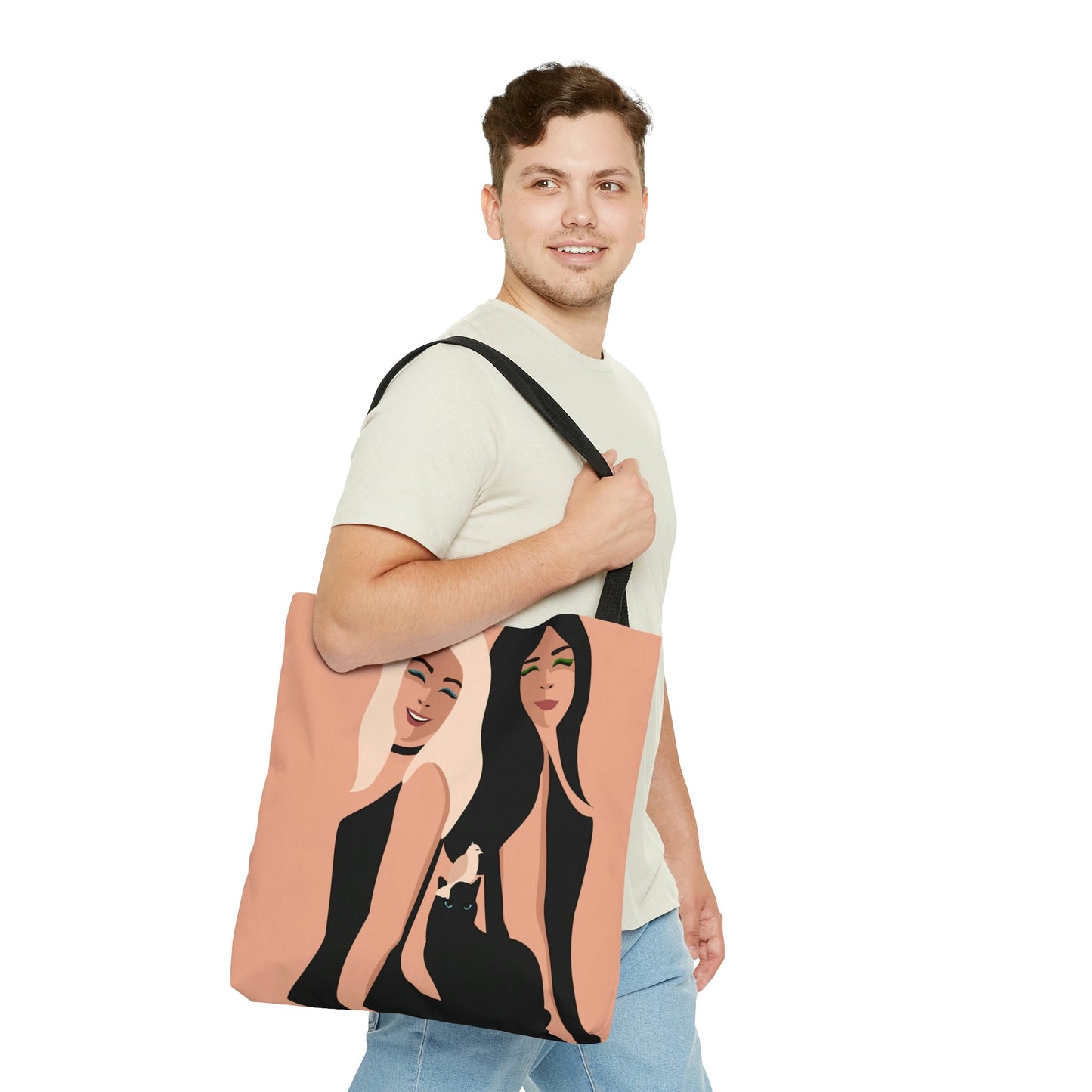 Women With Black Cat and Bird Art AOP Tote Bag Ichaku [Perfect Gifts Selection]