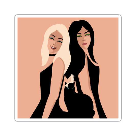 Women With Black Cat and Bird Art Die-Cut Sticker Ichaku [Perfect Gifts Selection]