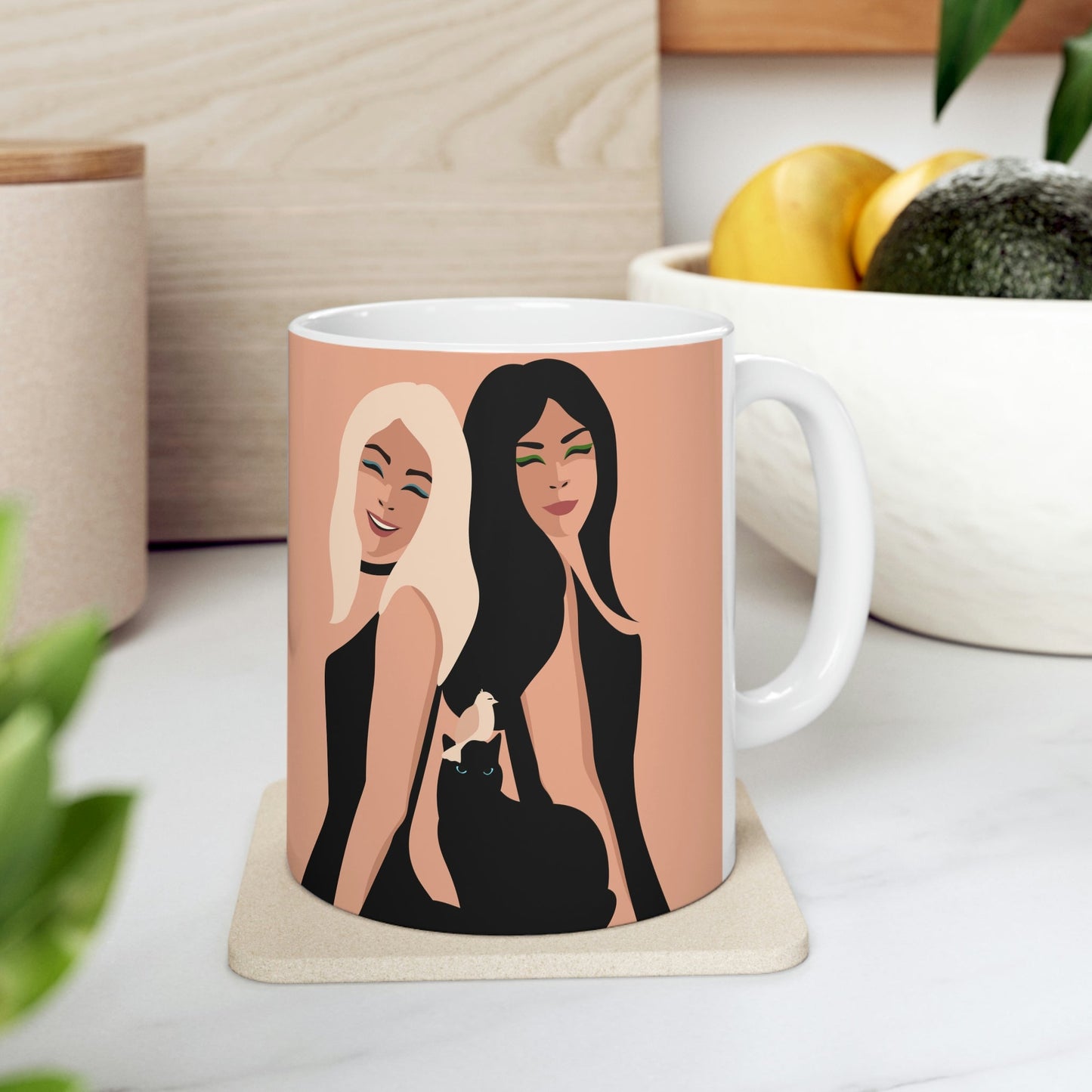 Women With Black Cat and Bird Ceramic Mug 11oz Ichaku [Perfect Gifts Selection]