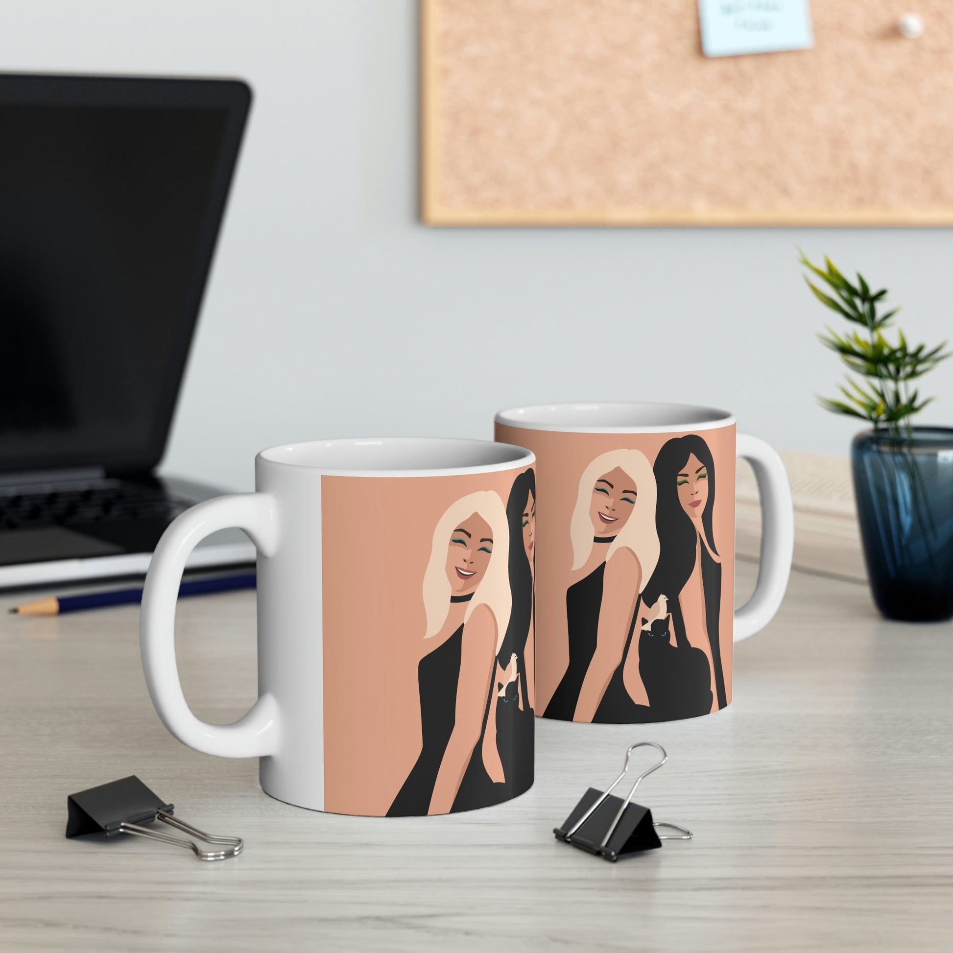 Women With Black Cat and Bird Ceramic Mug 11oz Ichaku [Perfect Gifts Selection]