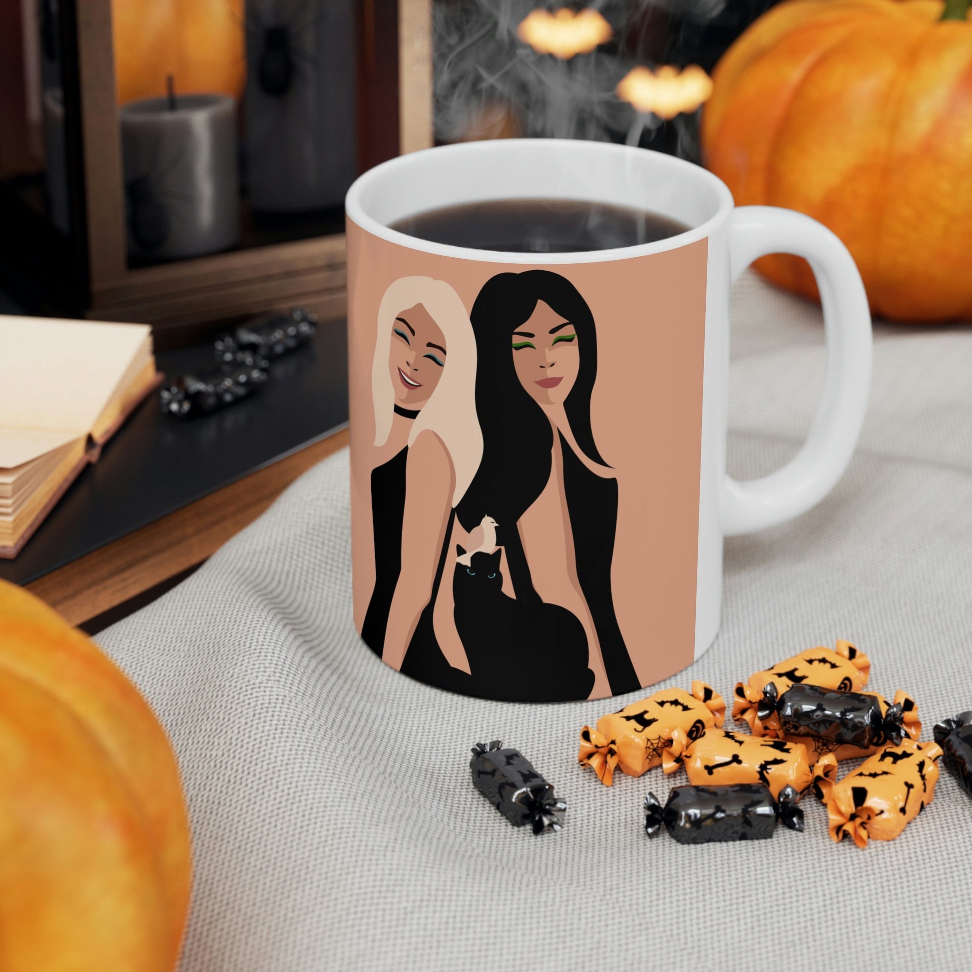 Women With Black Cat and Bird Ceramic Mug 11oz Ichaku [Perfect Gifts Selection]