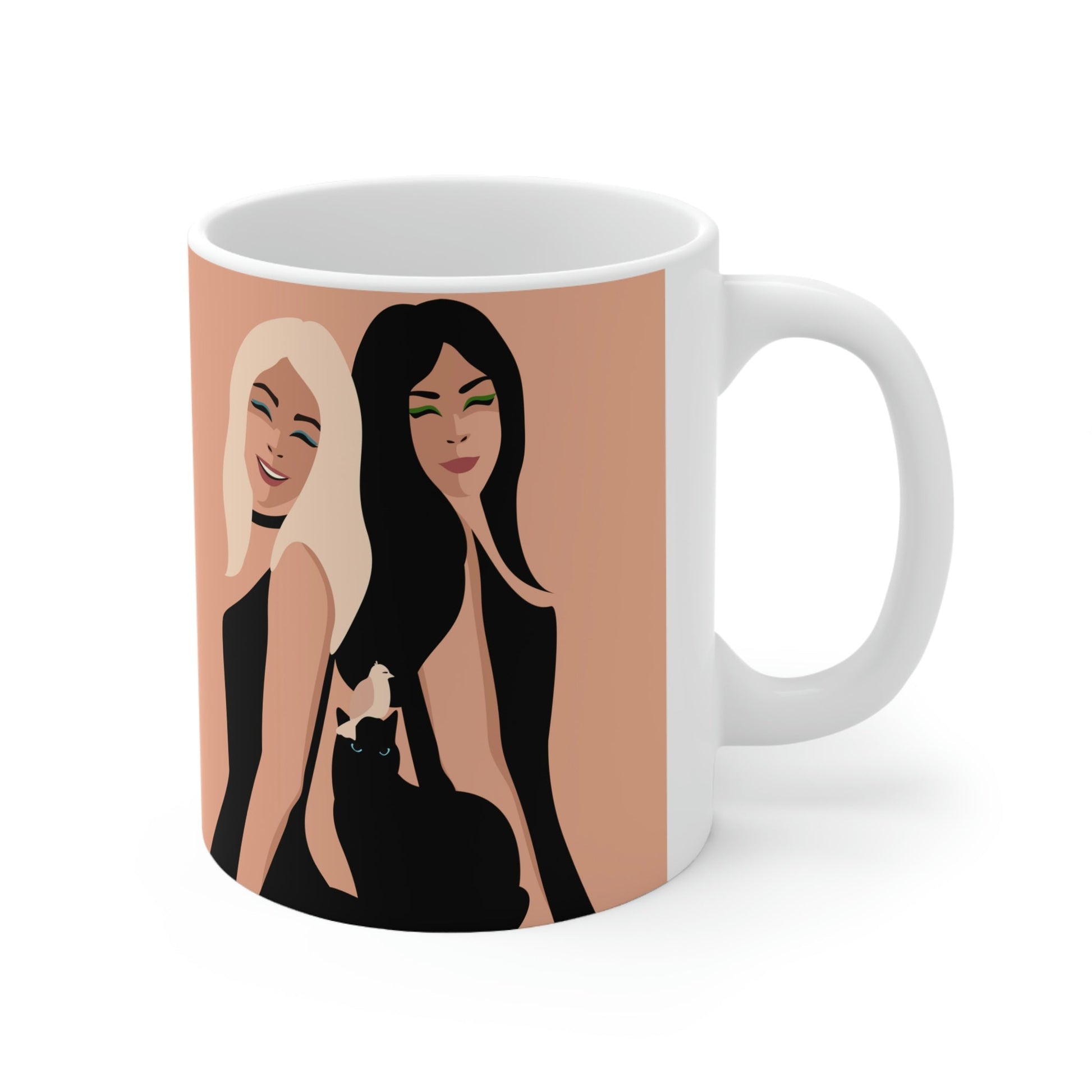 Women With Black Cat and Bird Ceramic Mug 11oz Ichaku [Perfect Gifts Selection]