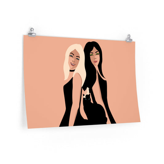 Women With Black Cat and Bird Classic Art Premium Matte Horizontal Posters Ichaku [Perfect Gifts Selection]