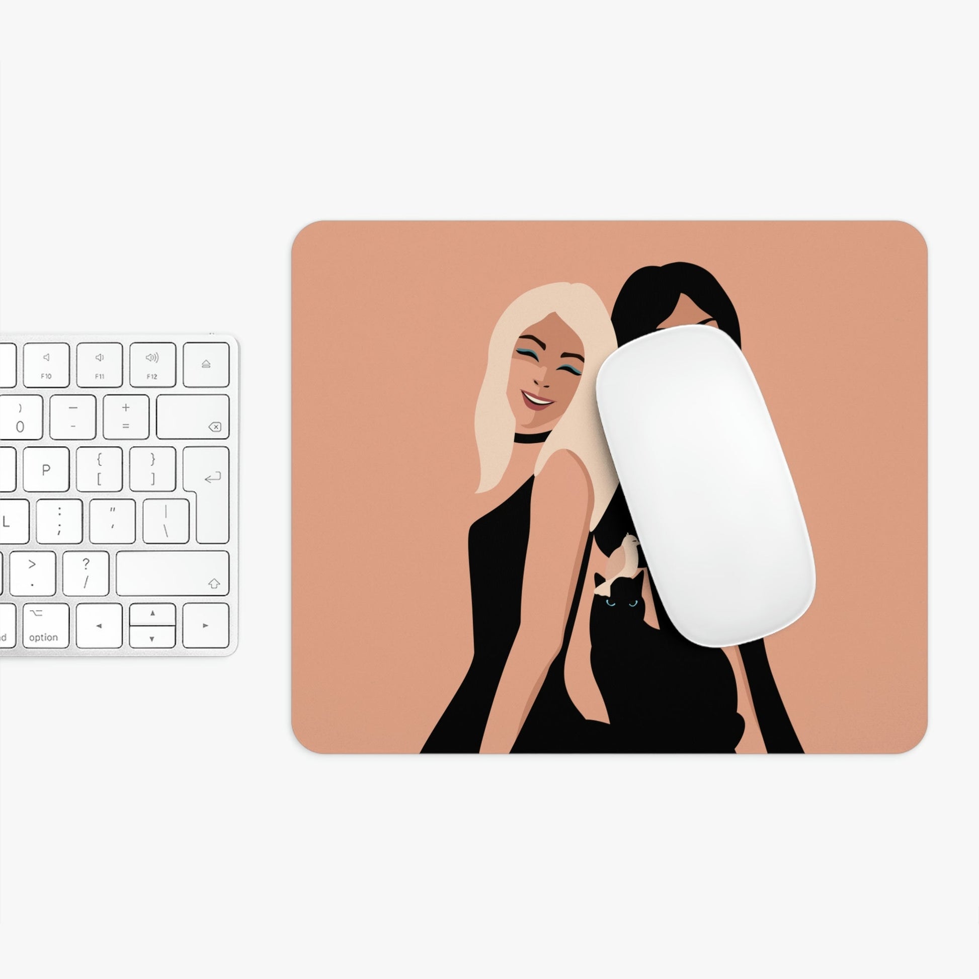 Women With Black Cat and Bird Ergonomic Non-slip Creative Design Mouse Pad Ichaku [Perfect Gifts Selection]