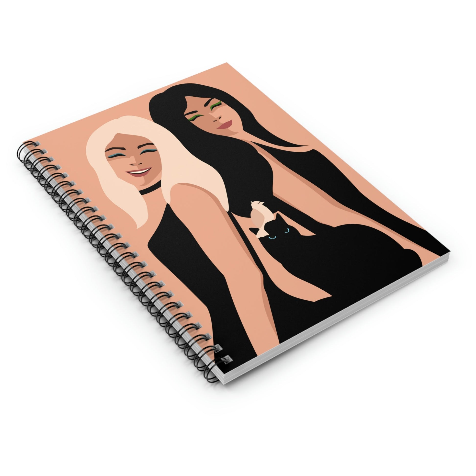 Women With Black Cat and Bird Spiral Notebook Ruled Line Ichaku [Perfect Gifts Selection]