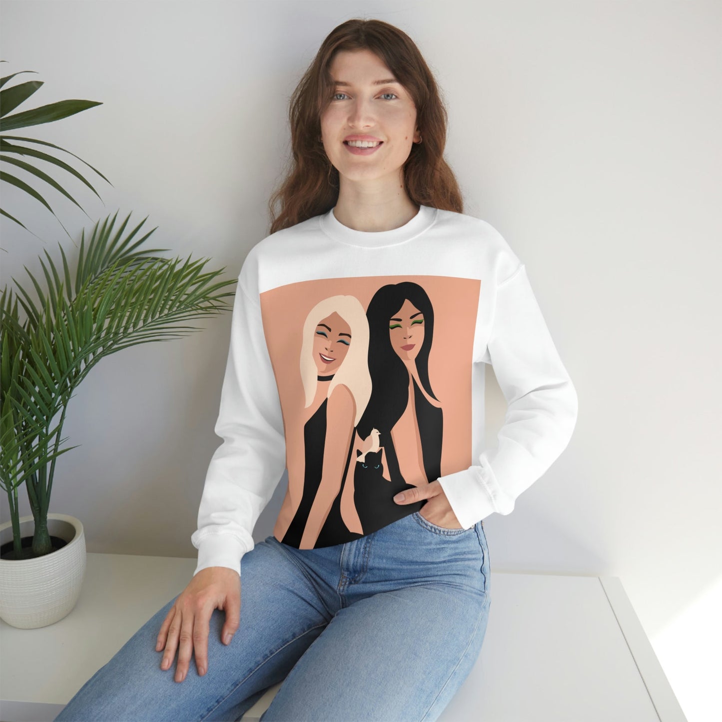 Women With Black Cat and Bird Unisex Heavy Blend™ Crewneck Sweatshirt Ichaku [Perfect Gifts Selection]