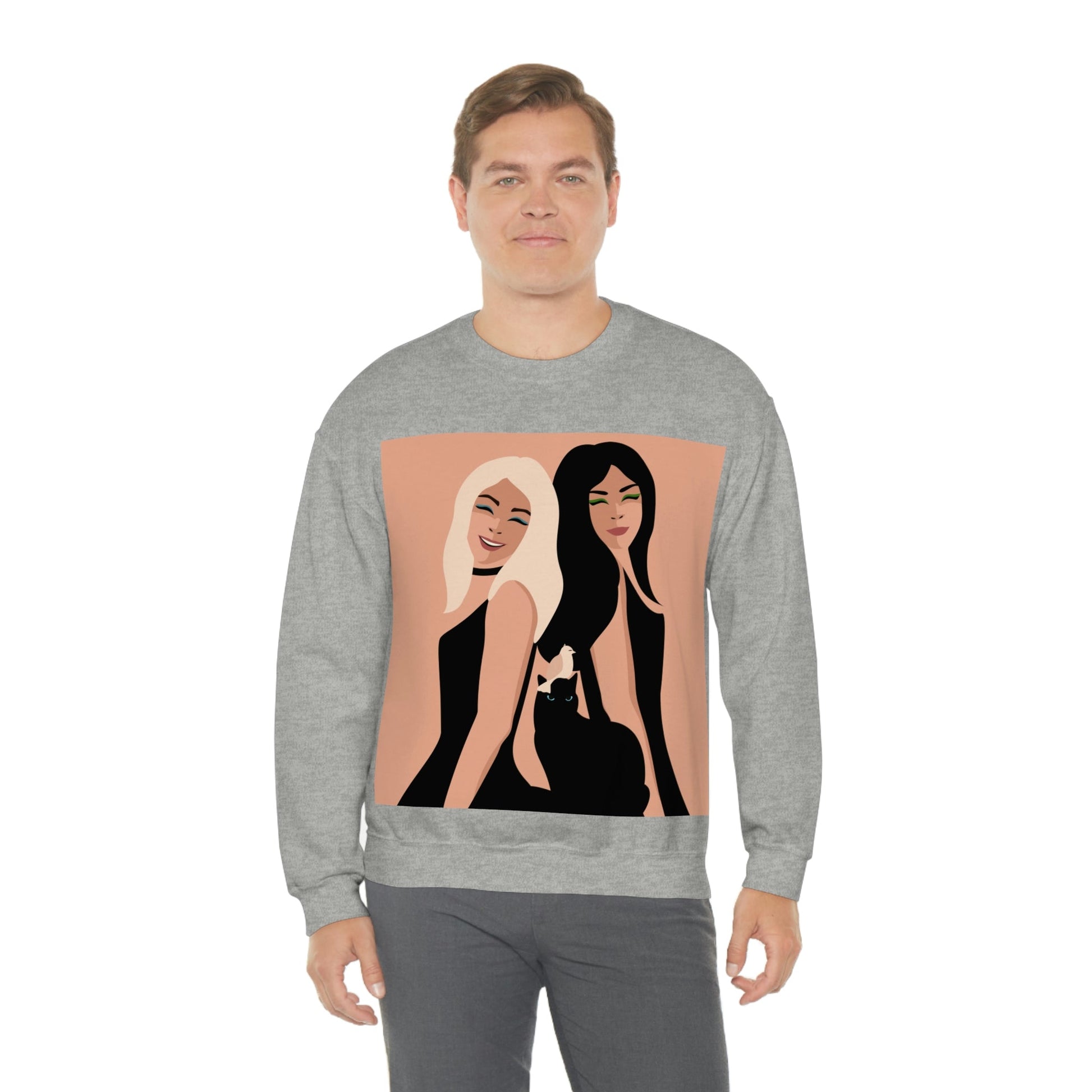 Women With Black Cat and Bird Unisex Heavy Blend™ Crewneck Sweatshirt Ichaku [Perfect Gifts Selection]