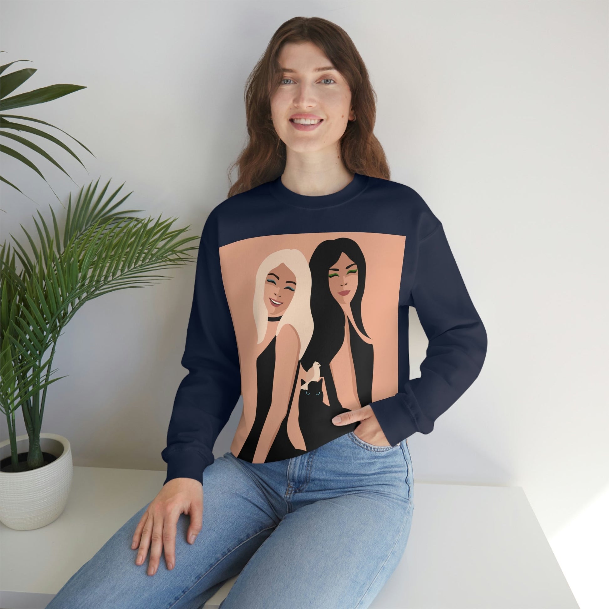 Women With Black Cat and Bird Unisex Heavy Blend™ Crewneck Sweatshirt Ichaku [Perfect Gifts Selection]