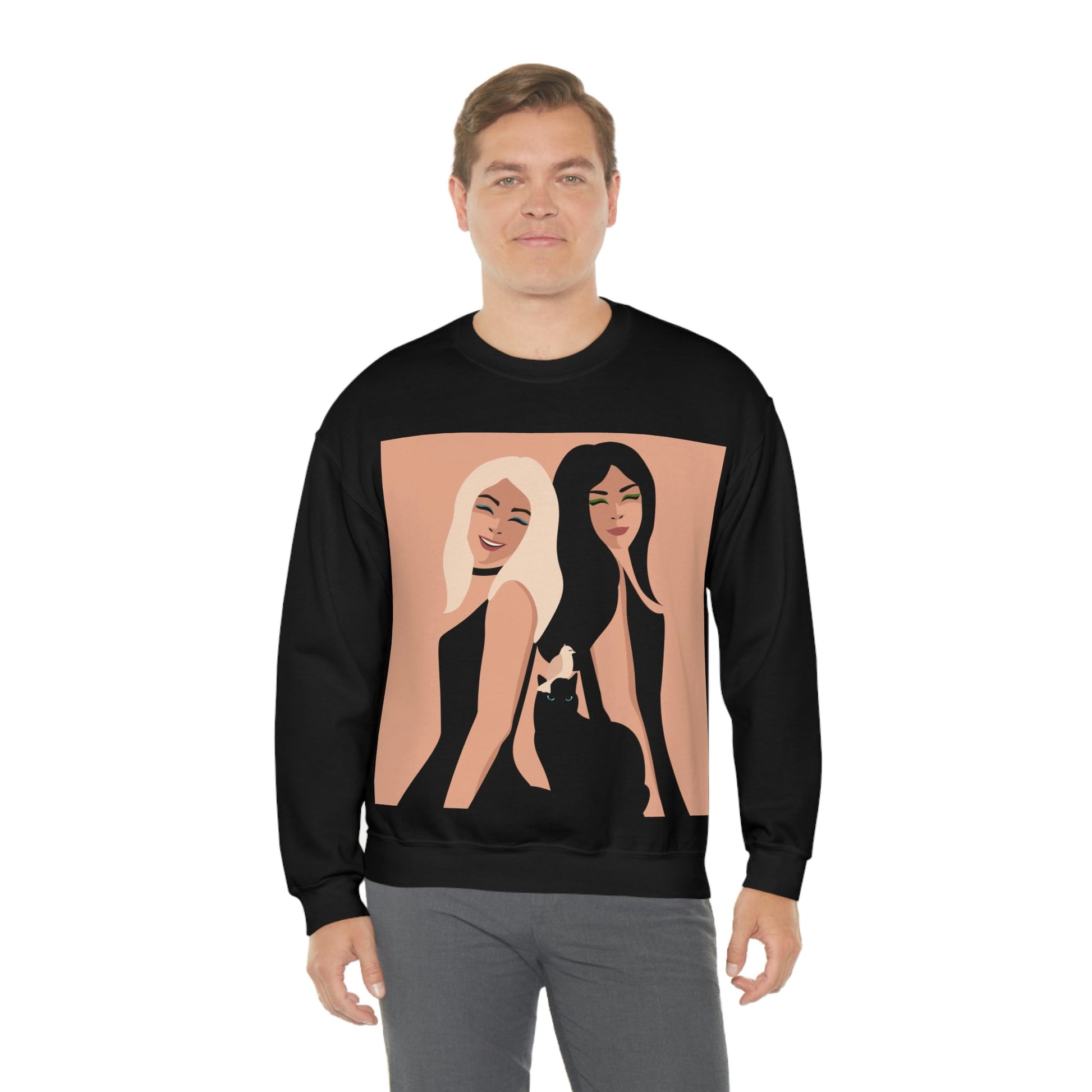 Women With Black Cat and Bird Unisex Heavy Blend™ Crewneck Sweatshirt Ichaku [Perfect Gifts Selection]