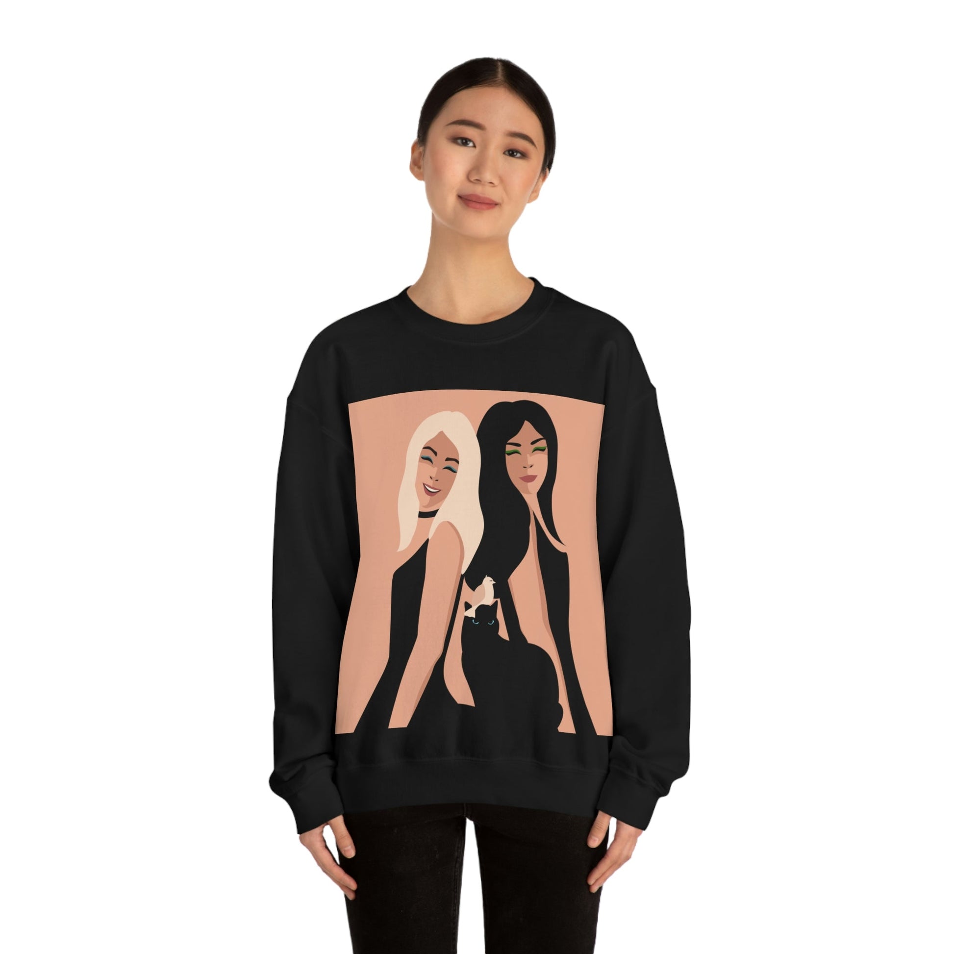 Women With Black Cat and Bird Unisex Heavy Blend™ Crewneck Sweatshirt Ichaku [Perfect Gifts Selection]