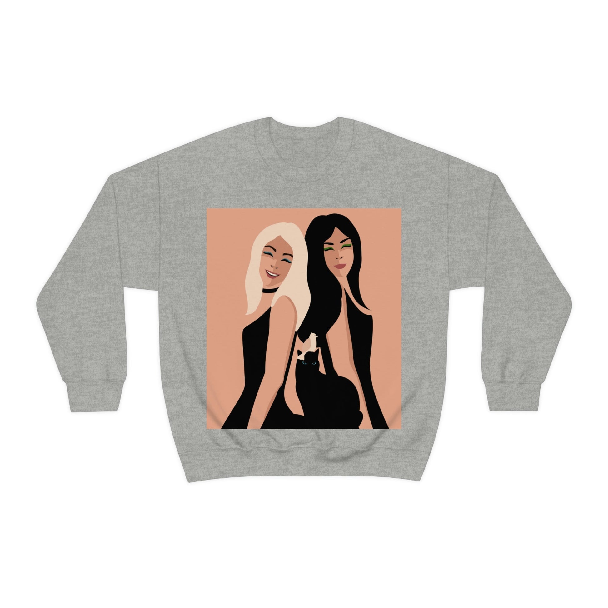 Women With Black Cat and Bird Unisex Heavy Blend™ Crewneck Sweatshirt Ichaku [Perfect Gifts Selection]