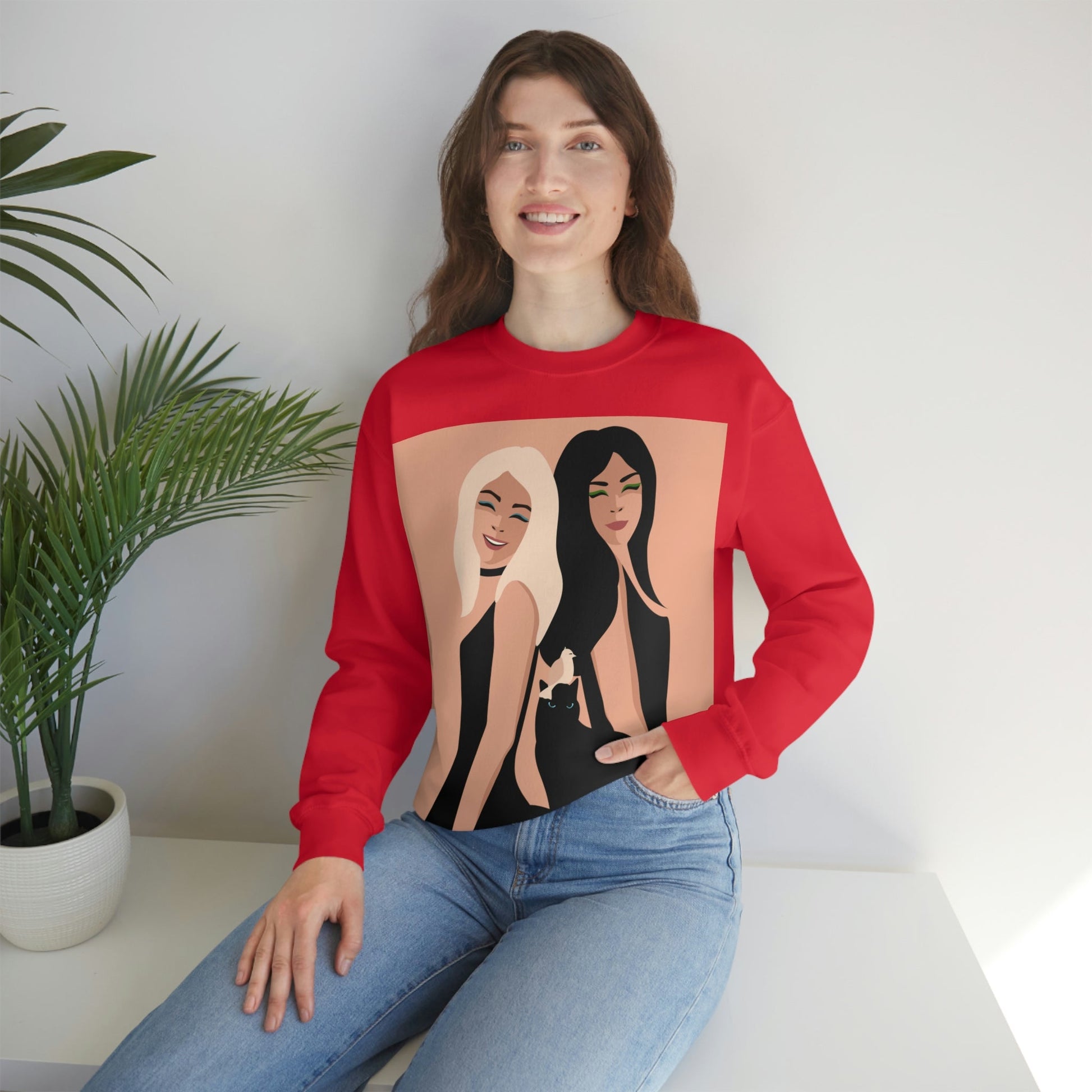 Women With Black Cat and Bird Unisex Heavy Blend™ Crewneck Sweatshirt Ichaku [Perfect Gifts Selection]