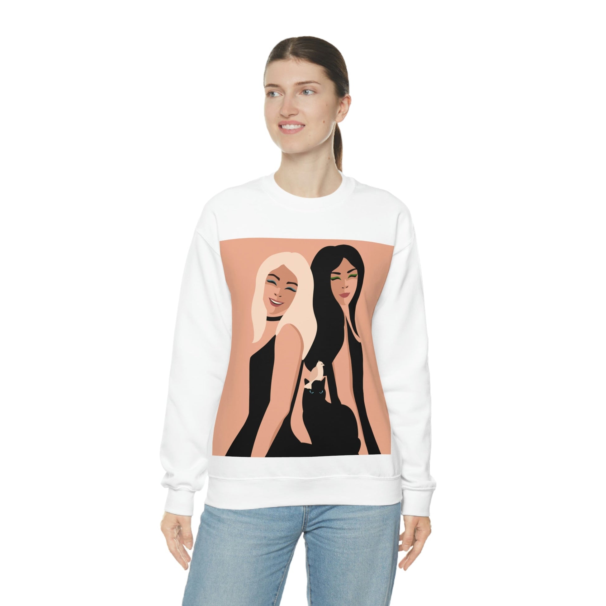 Women With Black Cat and Bird Unisex Heavy Blend™ Crewneck Sweatshirt Ichaku [Perfect Gifts Selection]