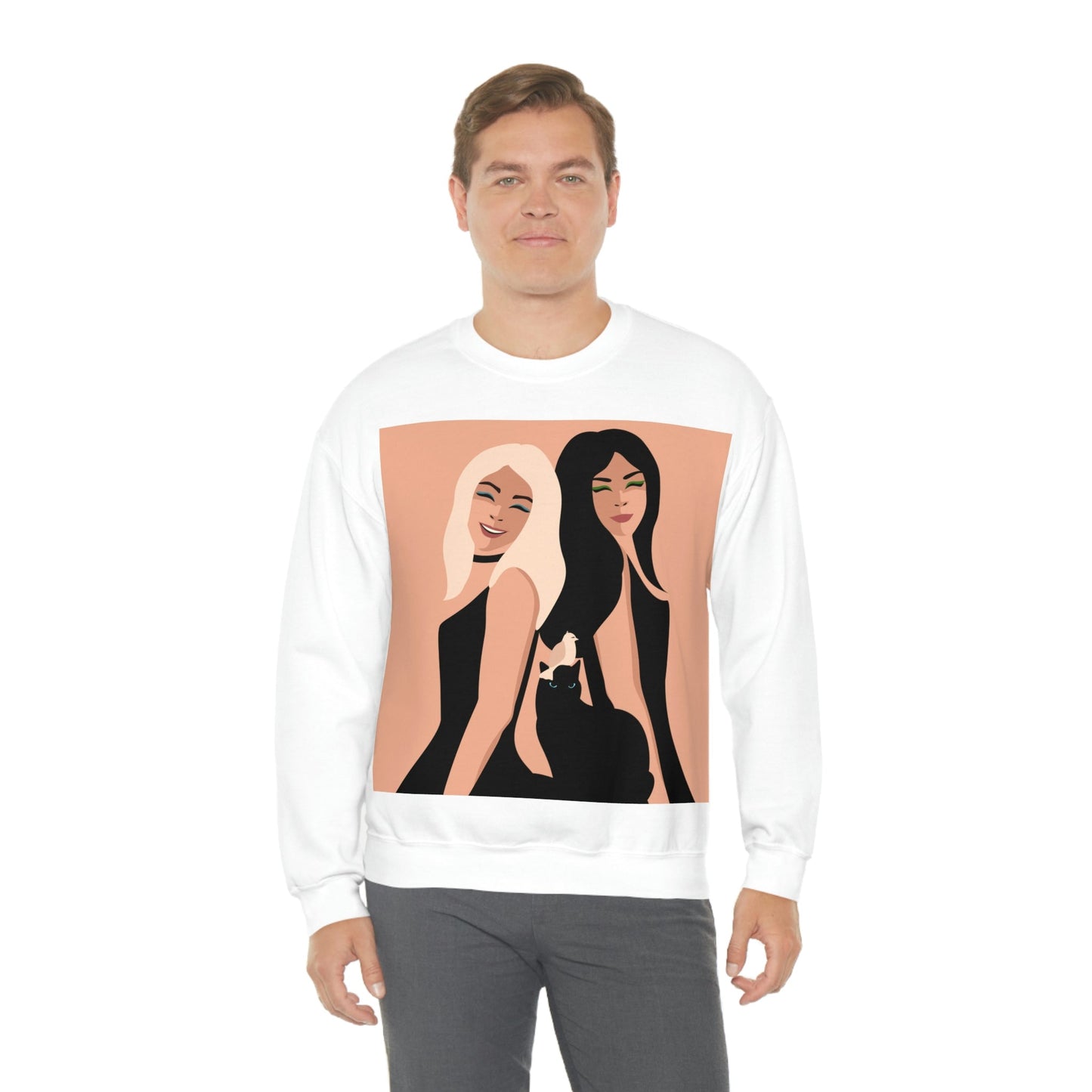 Women With Black Cat and Bird Unisex Heavy Blend™ Crewneck Sweatshirt Ichaku [Perfect Gifts Selection]