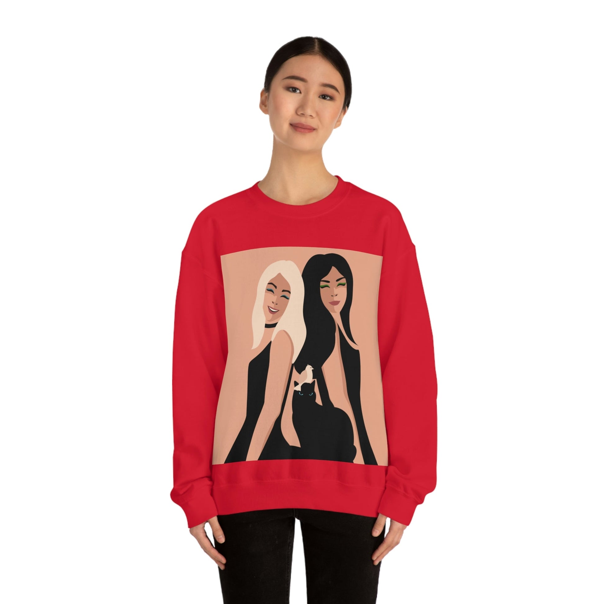 Women With Black Cat and Bird Unisex Heavy Blend™ Crewneck Sweatshirt Ichaku [Perfect Gifts Selection]