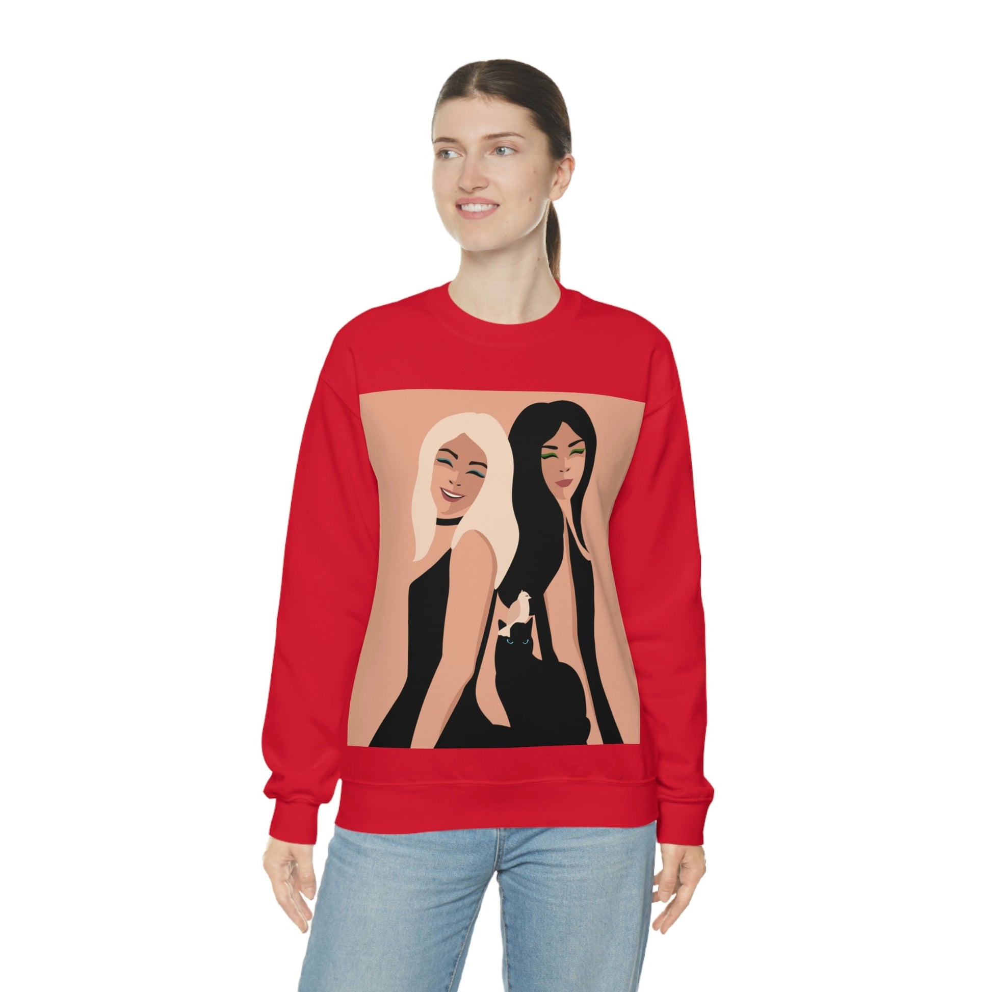 Women With Black Cat and Bird Unisex Heavy Blend™ Crewneck Sweatshirt Ichaku [Perfect Gifts Selection]