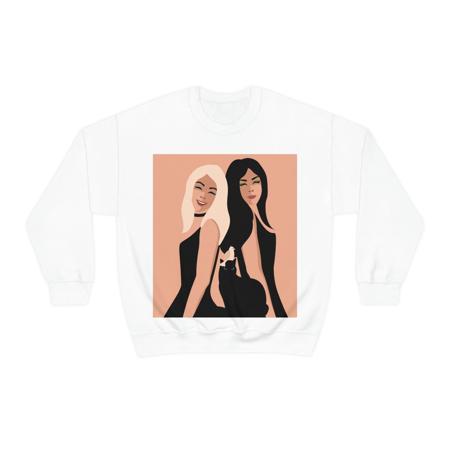 Women With Black Cat and Bird Unisex Heavy Blend™ Crewneck Sweatshirt Ichaku [Perfect Gifts Selection]