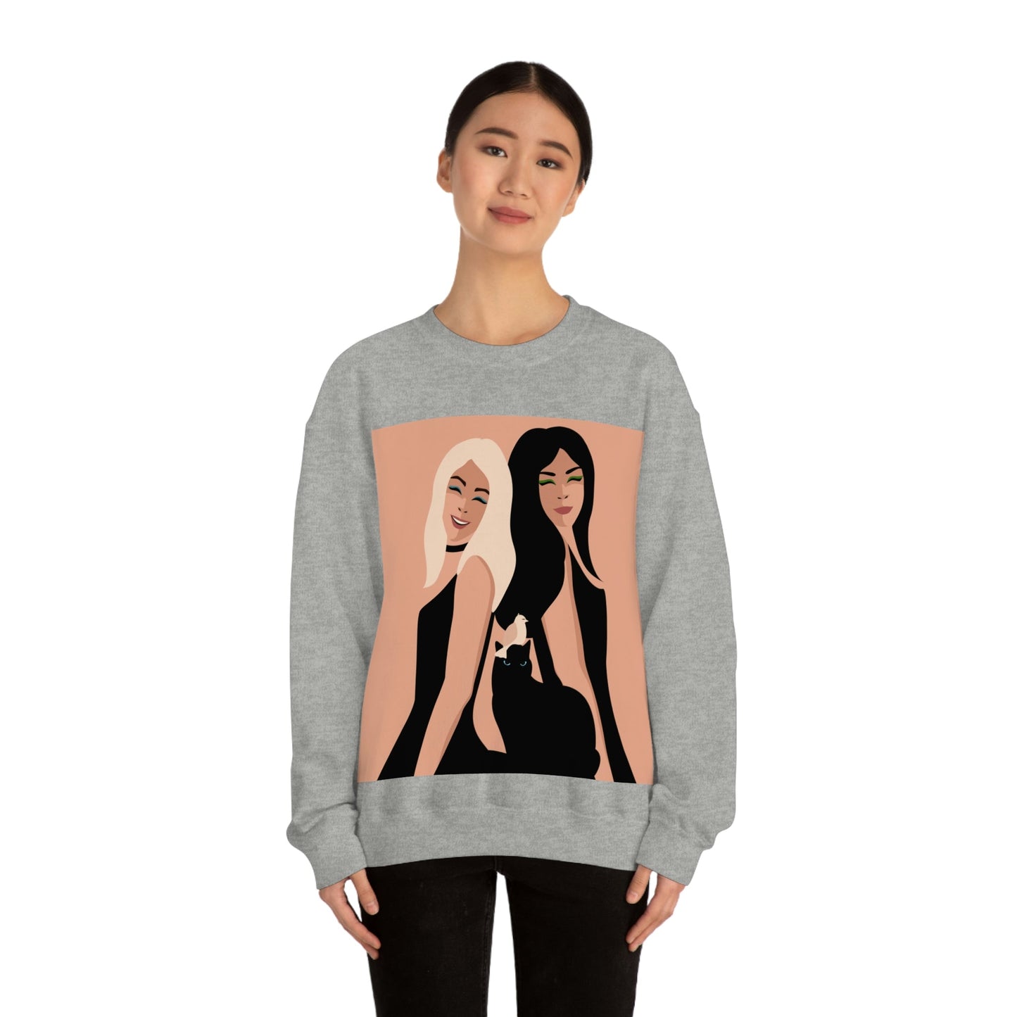 Women With Black Cat and Bird Unisex Heavy Blend™ Crewneck Sweatshirt Ichaku [Perfect Gifts Selection]