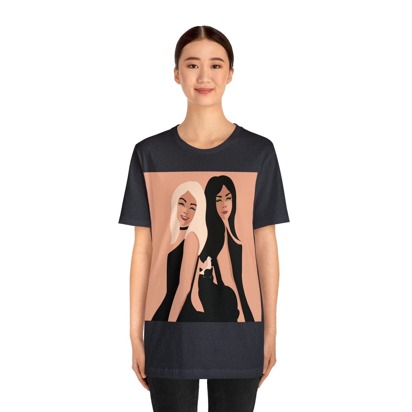 Women With Black Cat and Bird Unisex Jersey Short Sleeve T-Shirt Ichaku [Perfect Gifts Selection]