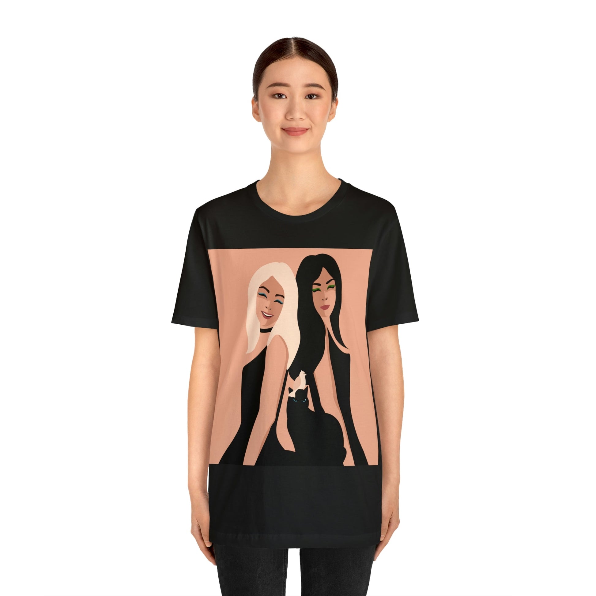 Women With Black Cat and Bird Unisex Jersey Short Sleeve T-Shirt Ichaku [Perfect Gifts Selection]