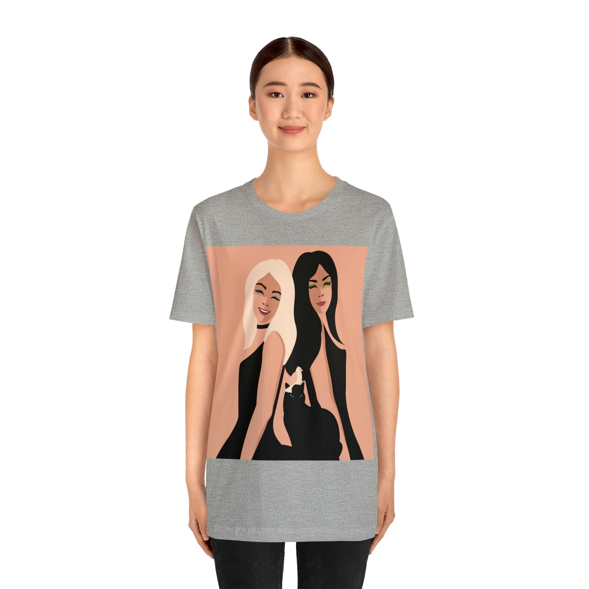 Women With Black Cat and Bird Unisex Jersey Short Sleeve T-Shirt Ichaku [Perfect Gifts Selection]