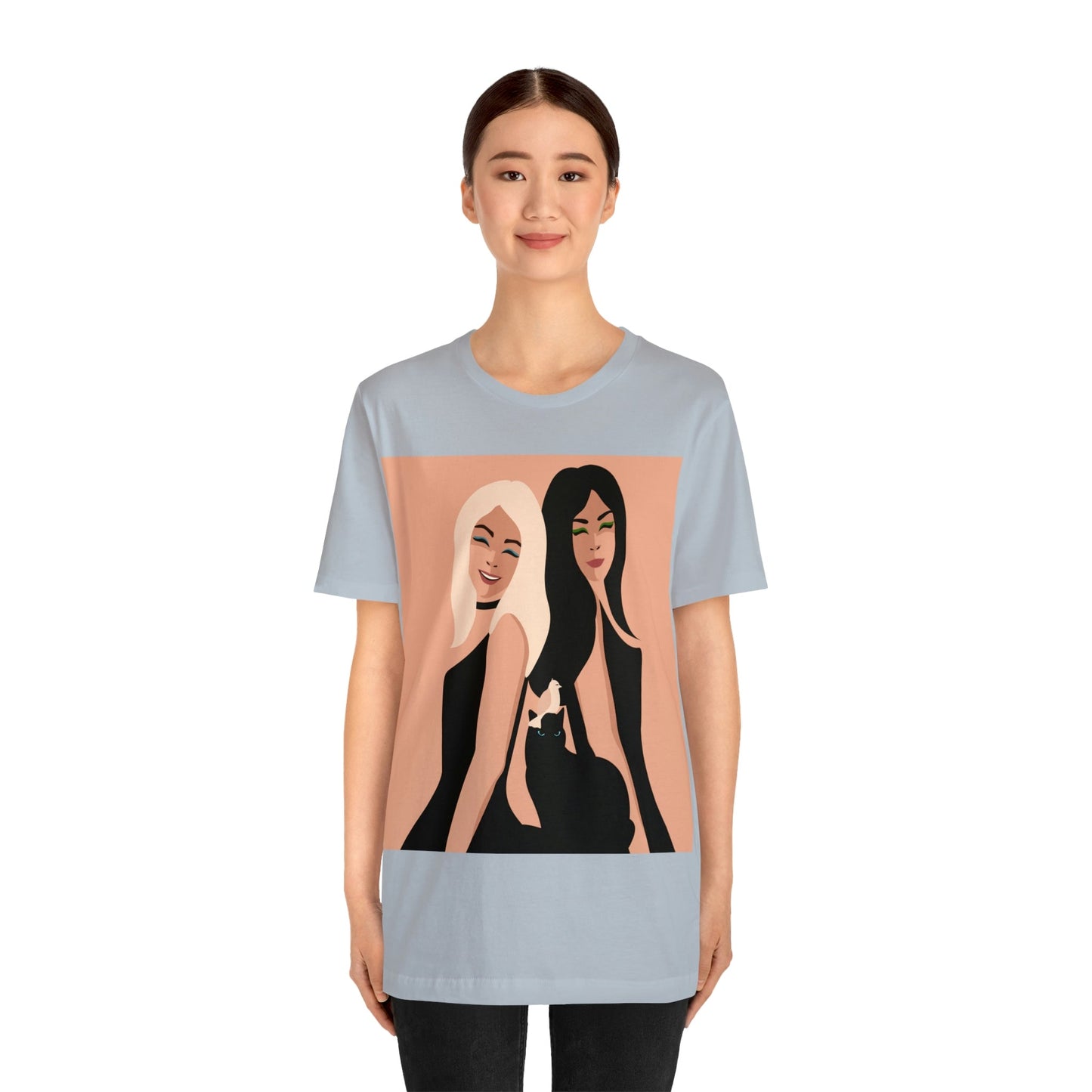 Women With Black Cat and Bird Unisex Jersey Short Sleeve T-Shirt Ichaku [Perfect Gifts Selection]