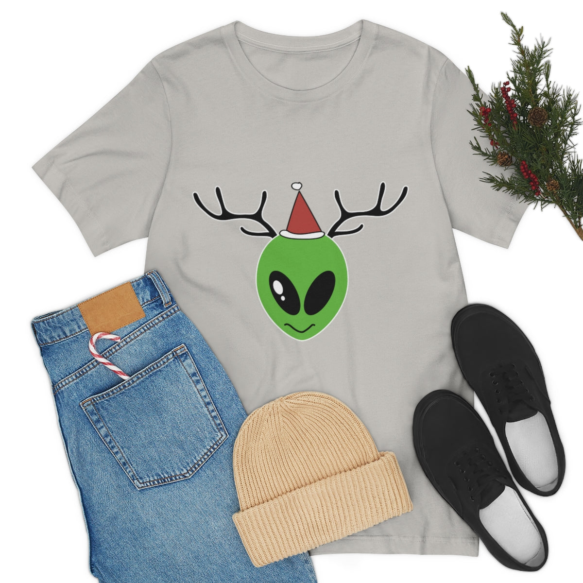 Xmas Aliens Deer Santa Claus UFOS Unisex Jersey Short Sleeve T-Shirt Ichaku [Perfect Gifts Selection]