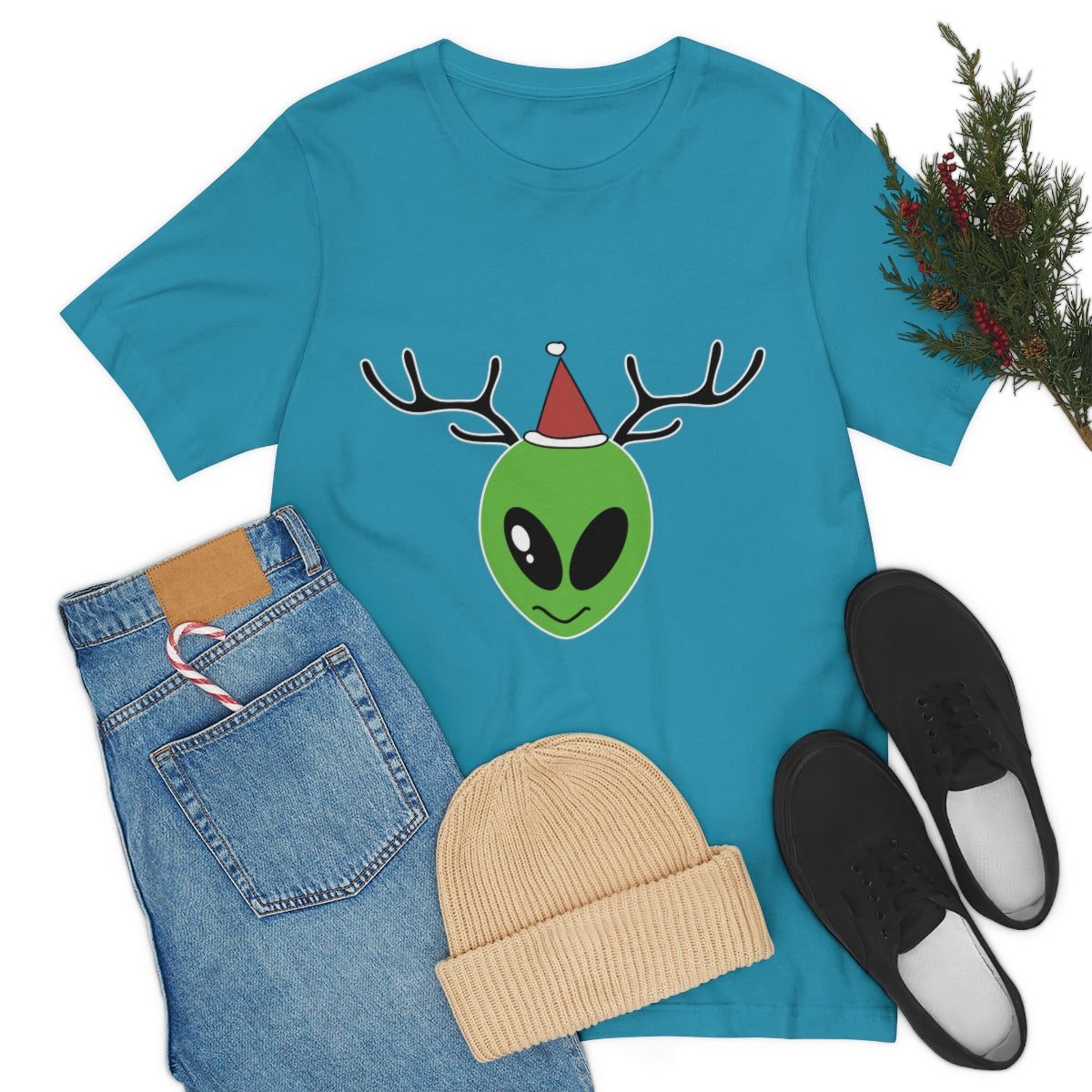 Xmas Aliens Deer Santa Claus UFOS Unisex Jersey Short Sleeve T-Shirt Ichaku [Perfect Gifts Selection]