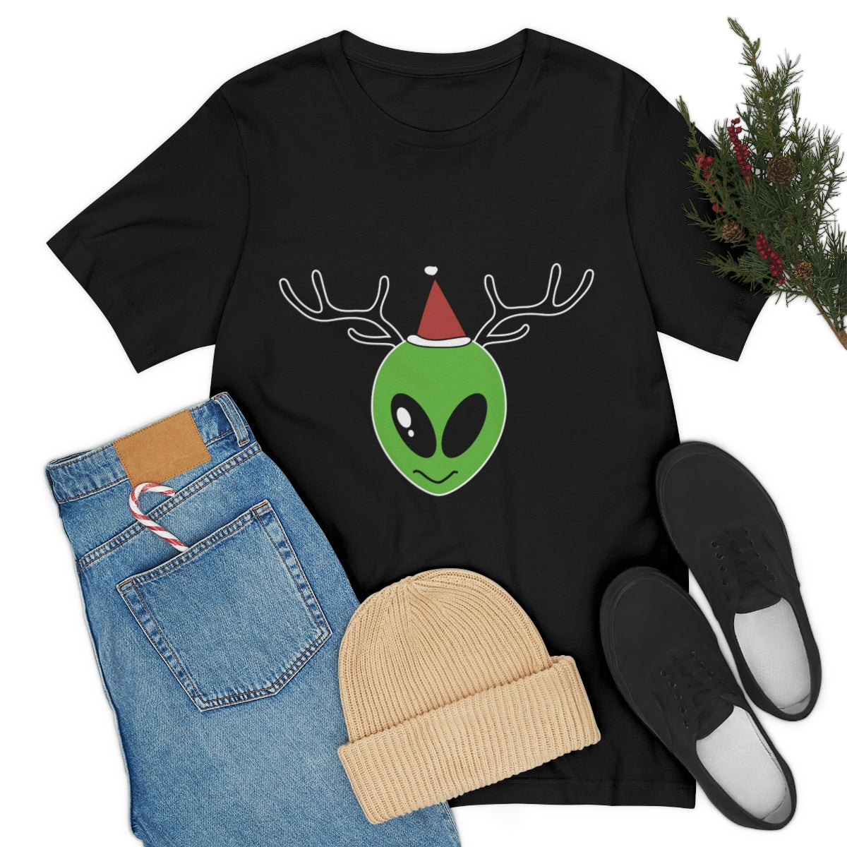 Xmas Aliens Deer Santa Claus UFOS Unisex Jersey Short Sleeve T-Shirt Ichaku [Perfect Gifts Selection]