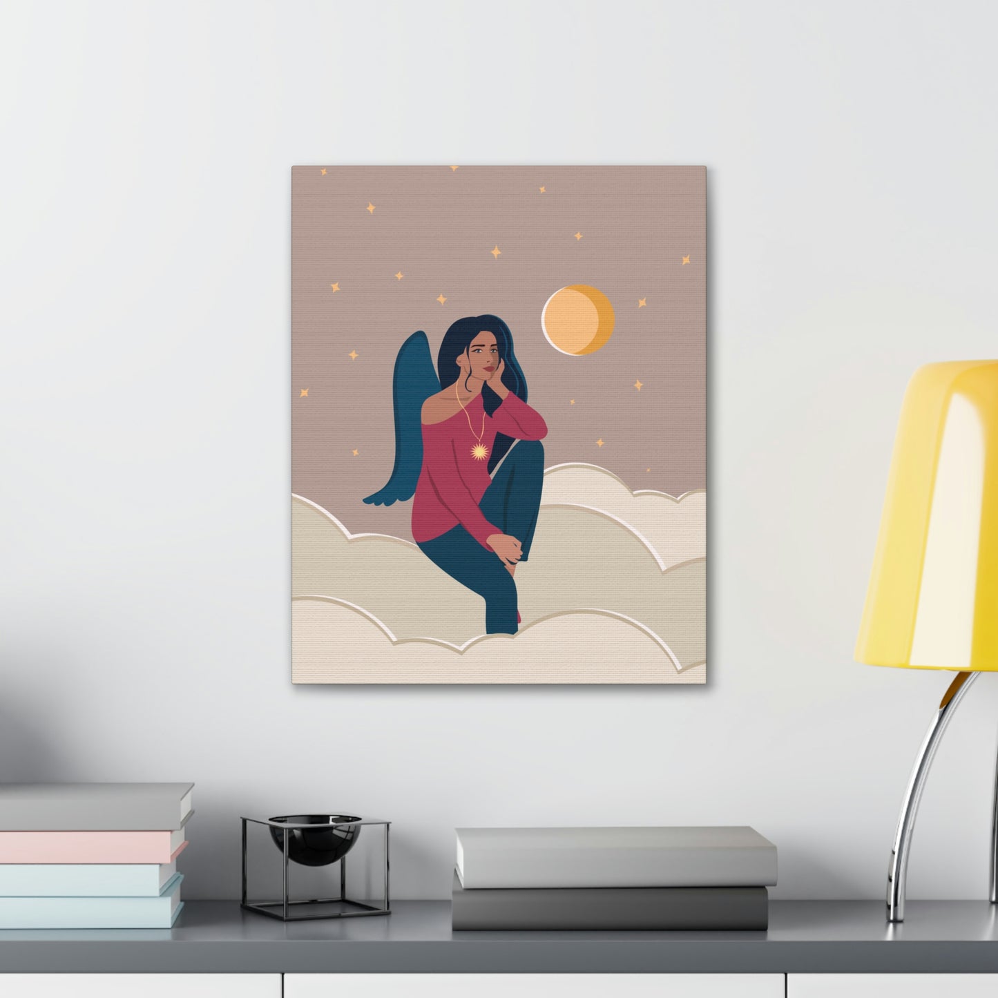 Women Angel Portrait Sitting On Clouds Cartoon Art Canvas Gallery Wraps